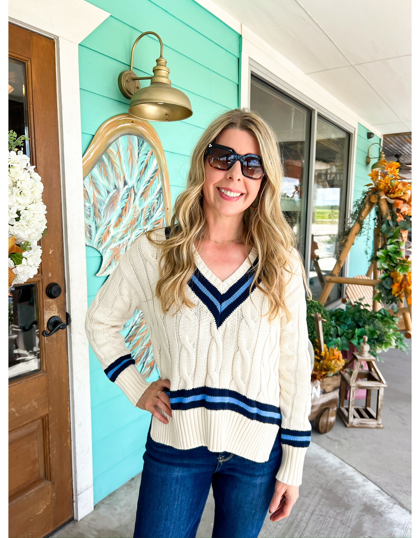 Cream w/Navy Blue Stripe Detail Sweater