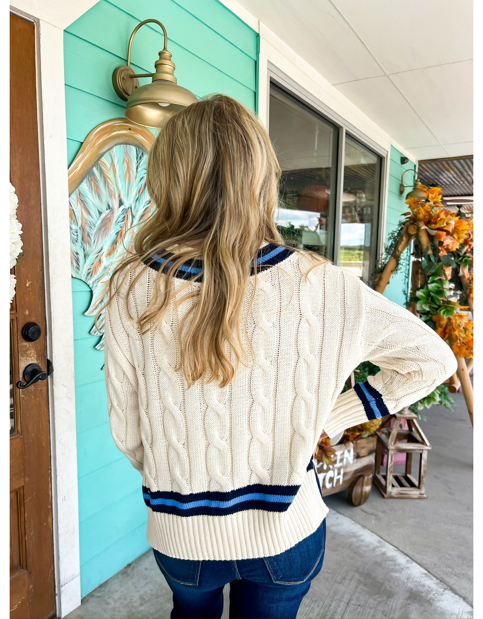 Cream w/Navy Blue Stripe Detail Sweater