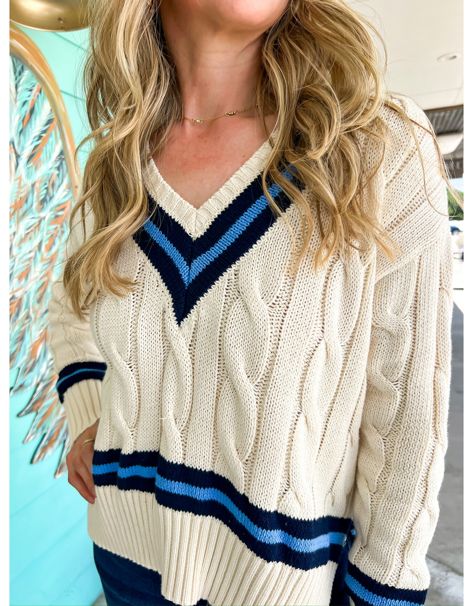 Cream w/Navy Blue Stripe Detail Sweater