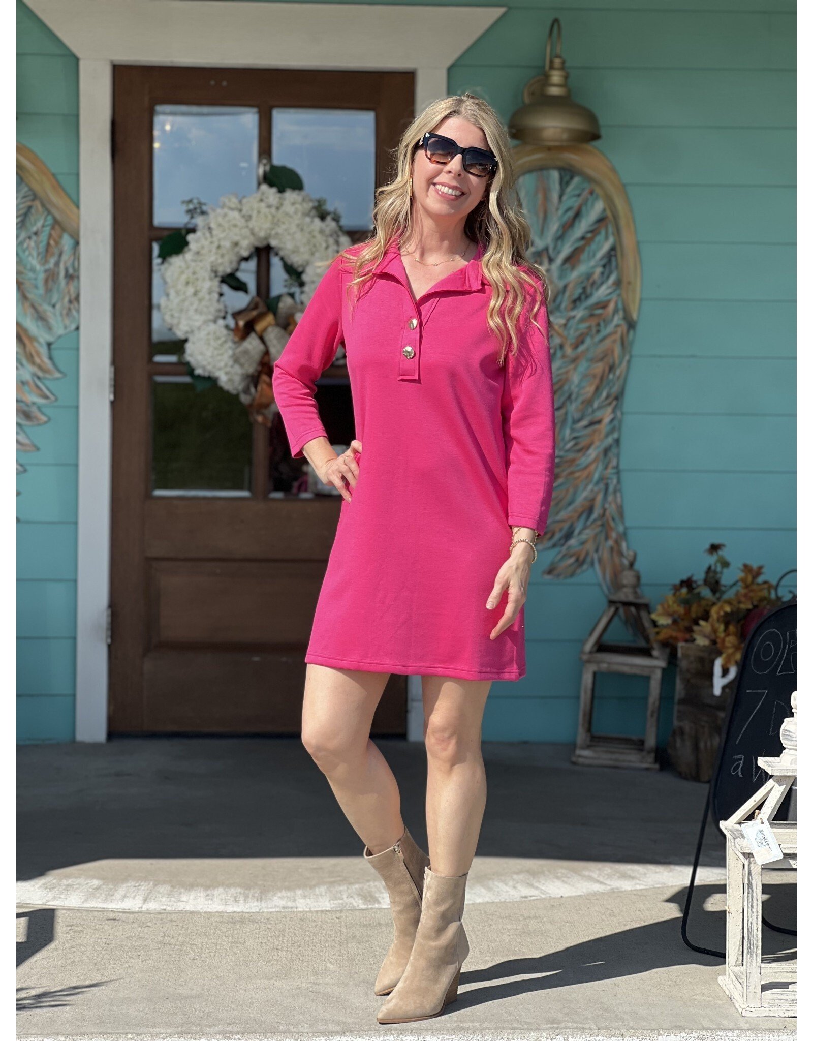 Jenni 2 Button Dress in Hot Pink