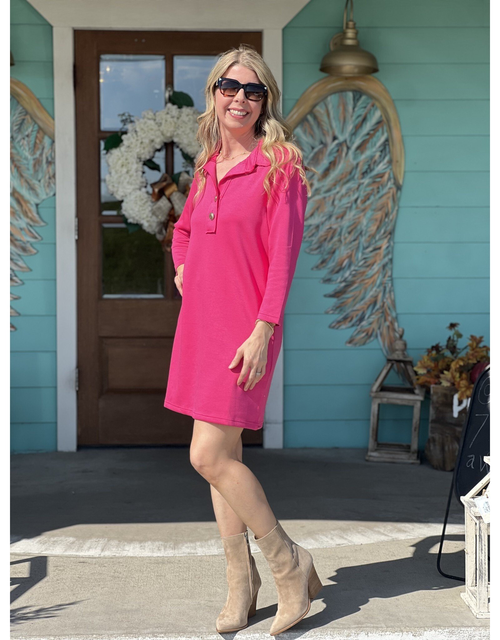 Jenni 2 Button Dress in Hot Pink