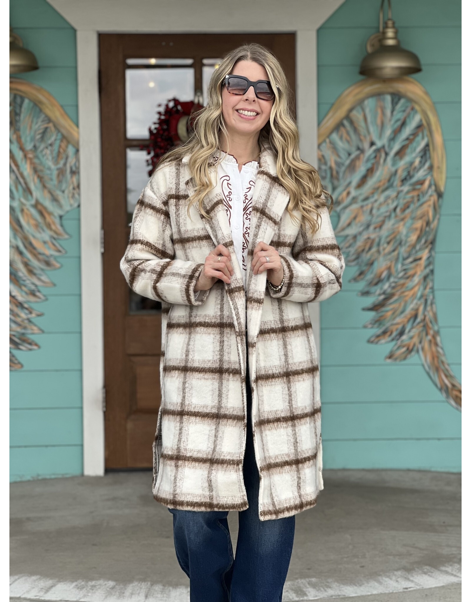 Ivory & Cocoa Plaid Open Front Coat - Rhinestone Angel