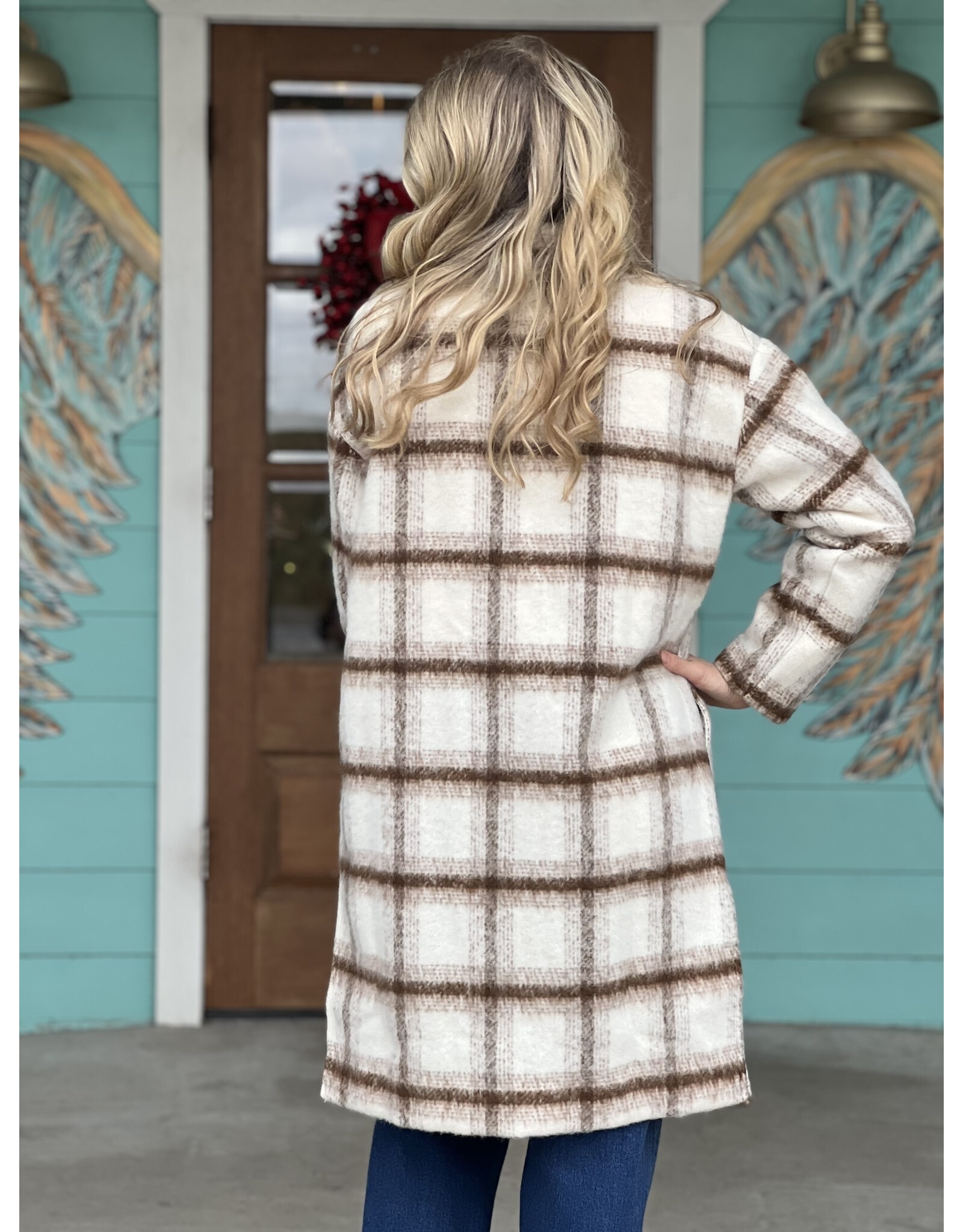 Ivory & Cocoa Plaid Open Front Coat - Rhinestone Angel