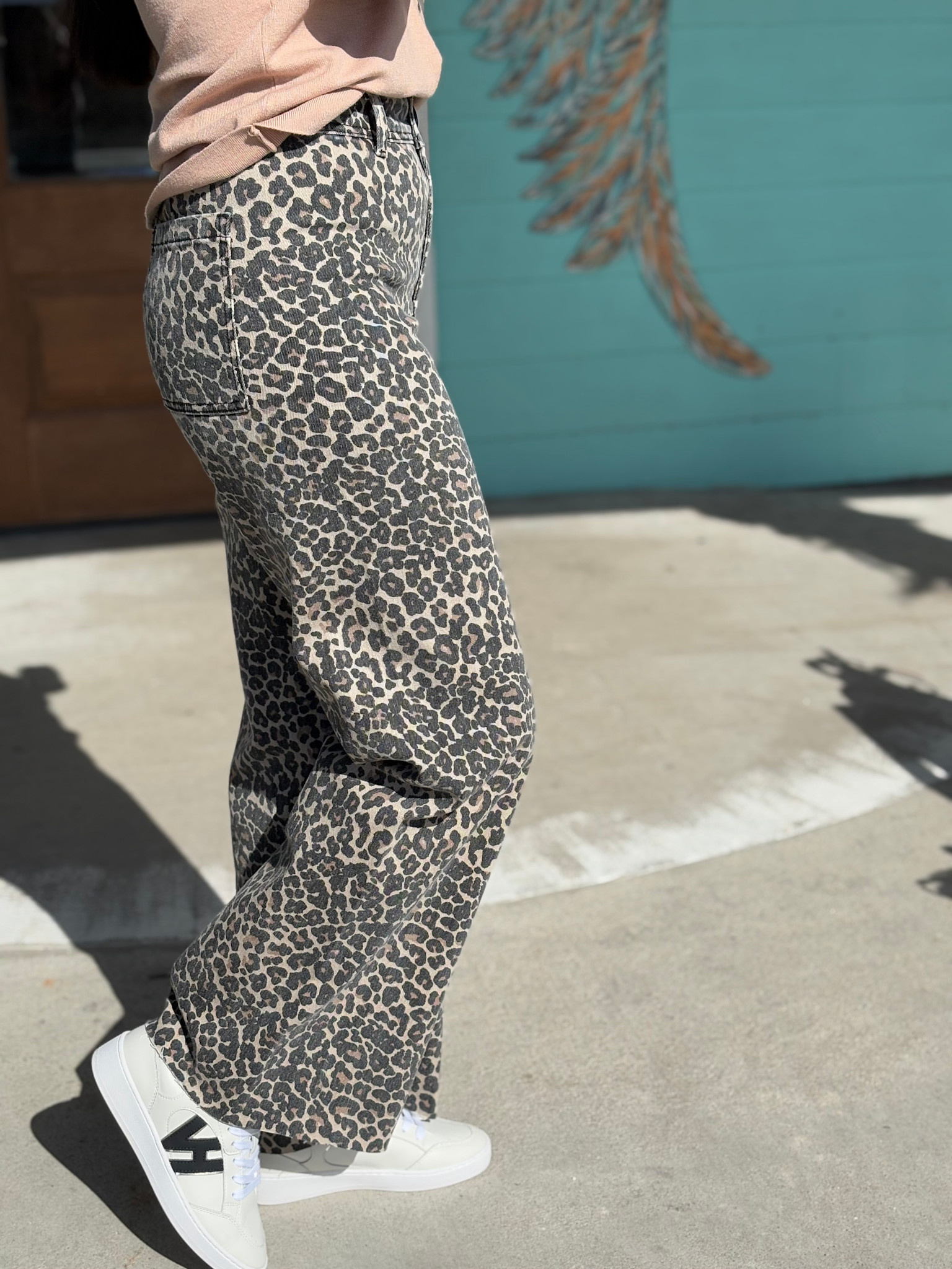 Leopard Print Denim Pants W/ Side Trim Detail: Brn Multi