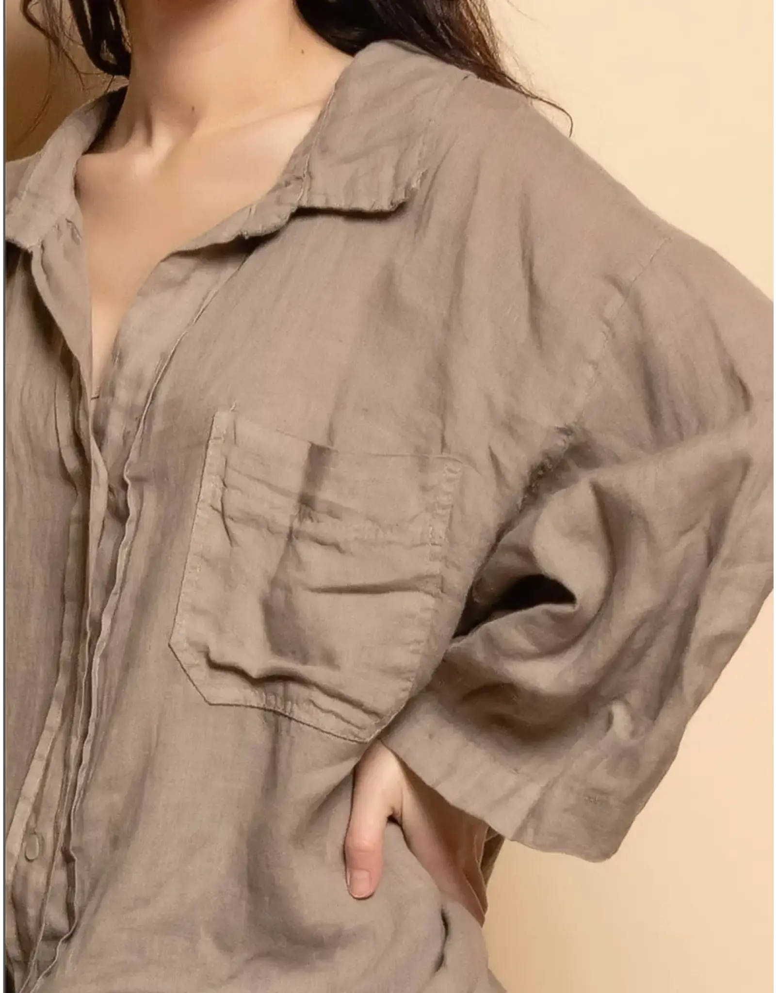 Happy Look Oversized Linen Button Top-Beige