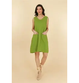 La Maison Linen Short Dress with Front Pockets-Apple Green