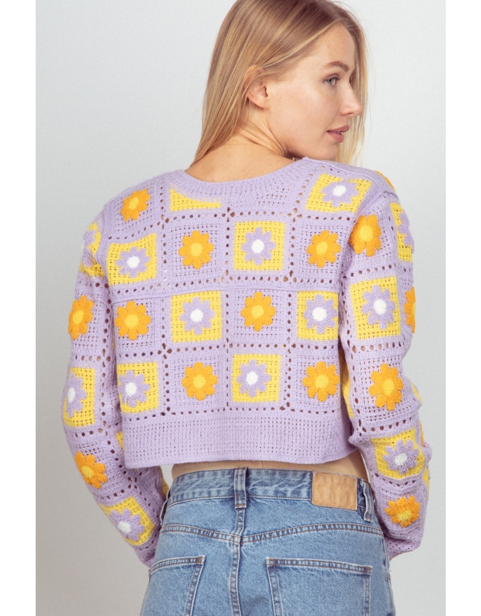 Very J Multi Floral Crochet Cropped Cardigan