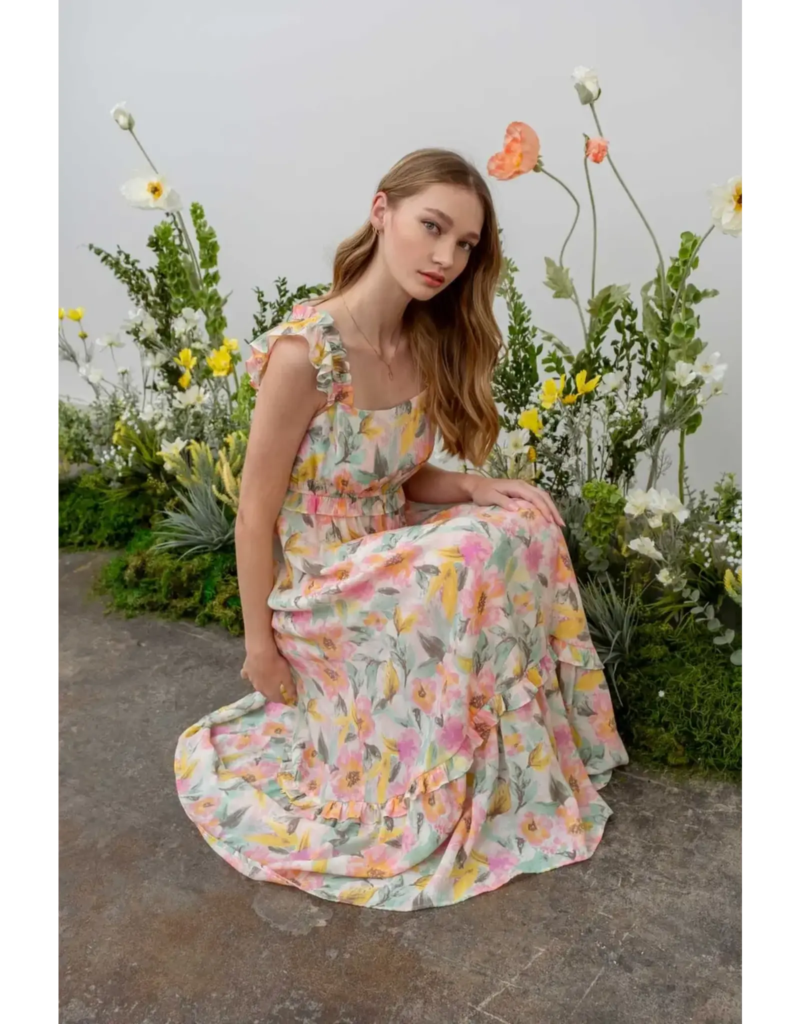 Blu Pepper Watercolor Floral Print Ruffle Midi Dress