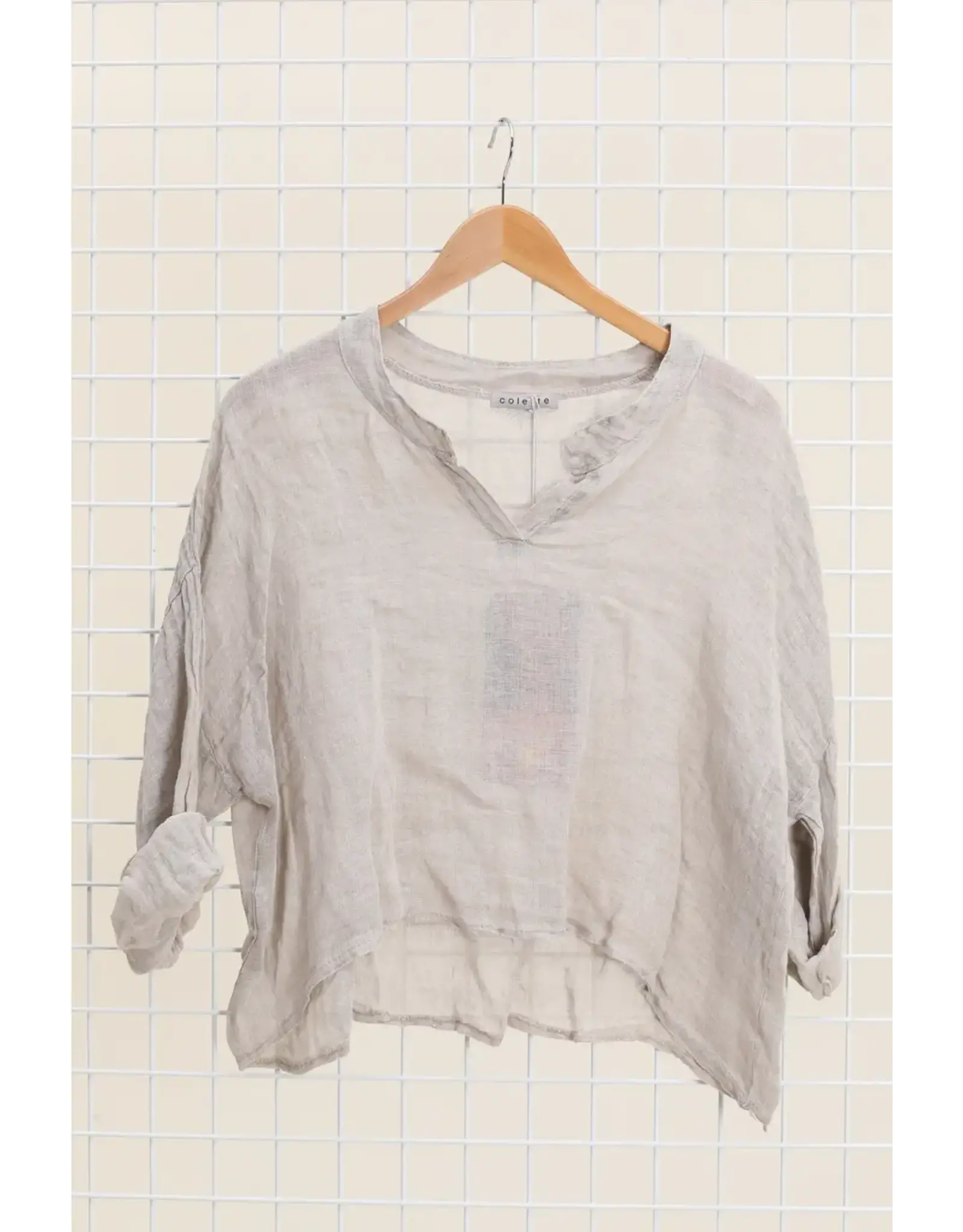 La Maison Linen V-Notch Rolled Sleeve Top