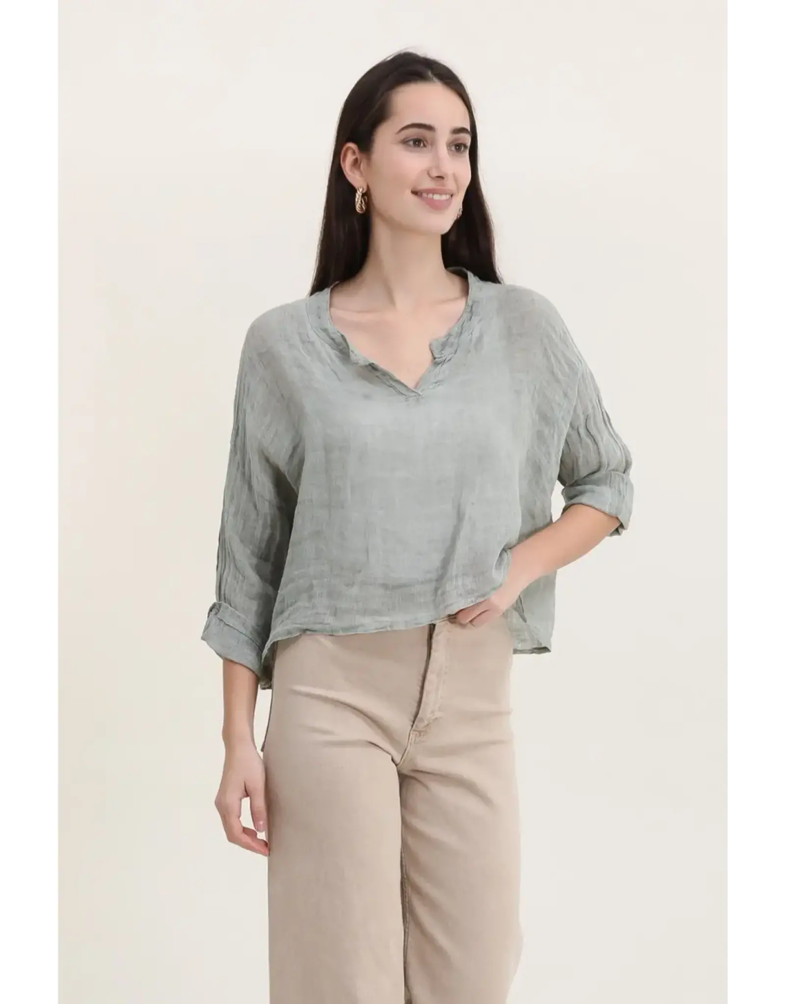 La Maison Linen V-Notch Rolled Sleeve Top