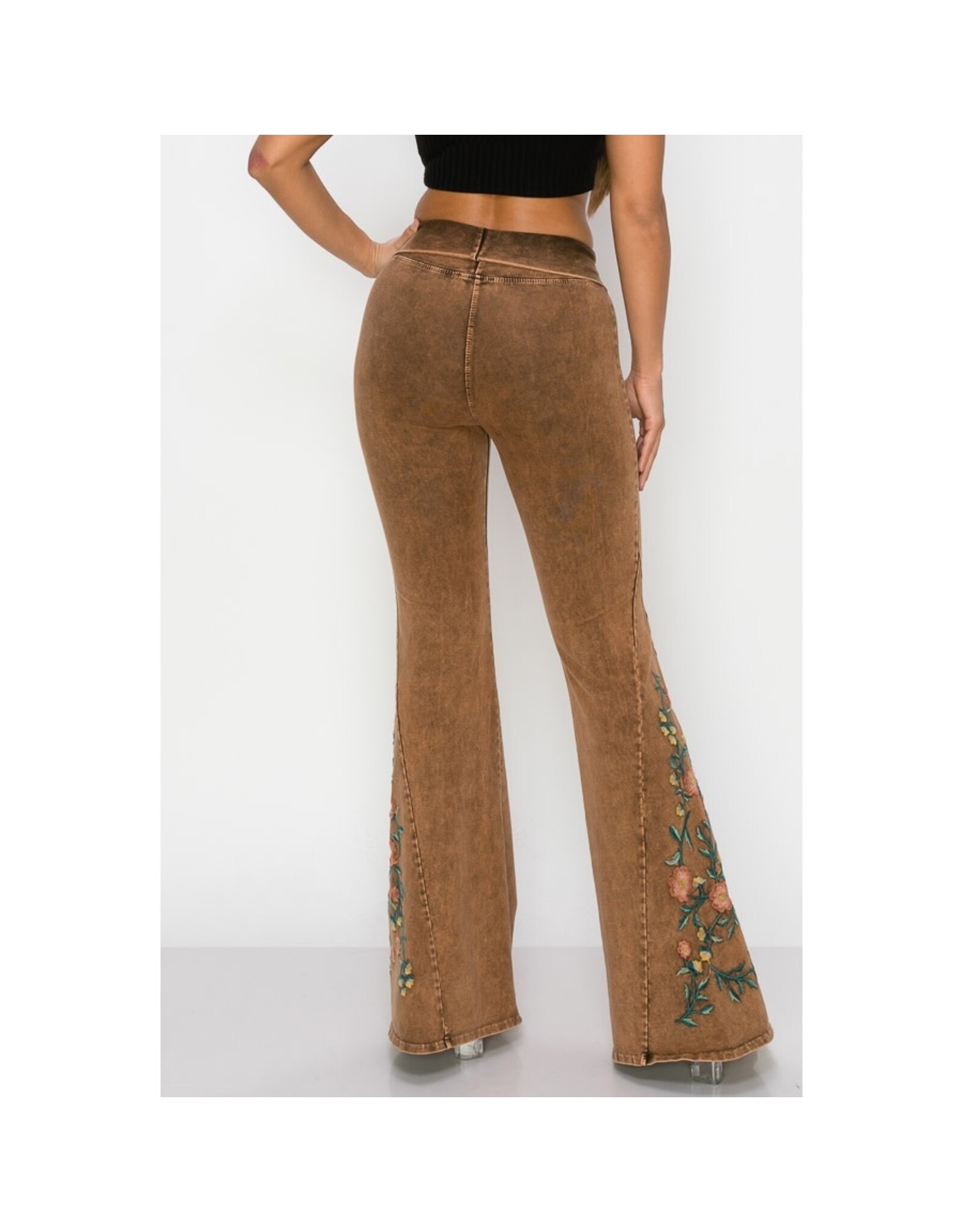 T Party Mineral Wash Floral Embroidered Flare Pants