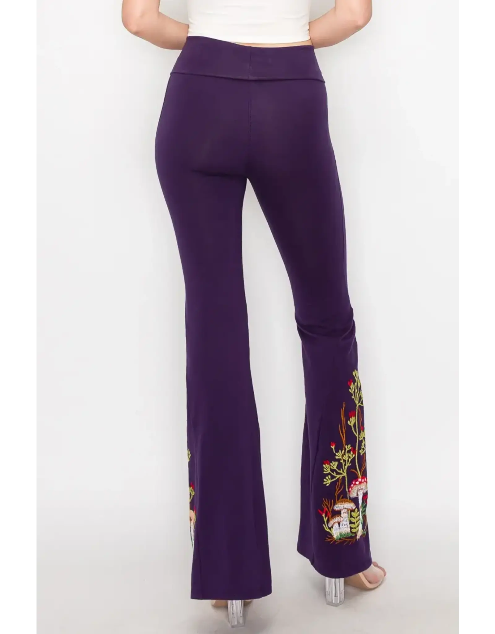 T Party Mushroom Embroidered Fold Over Waist Flare Pants