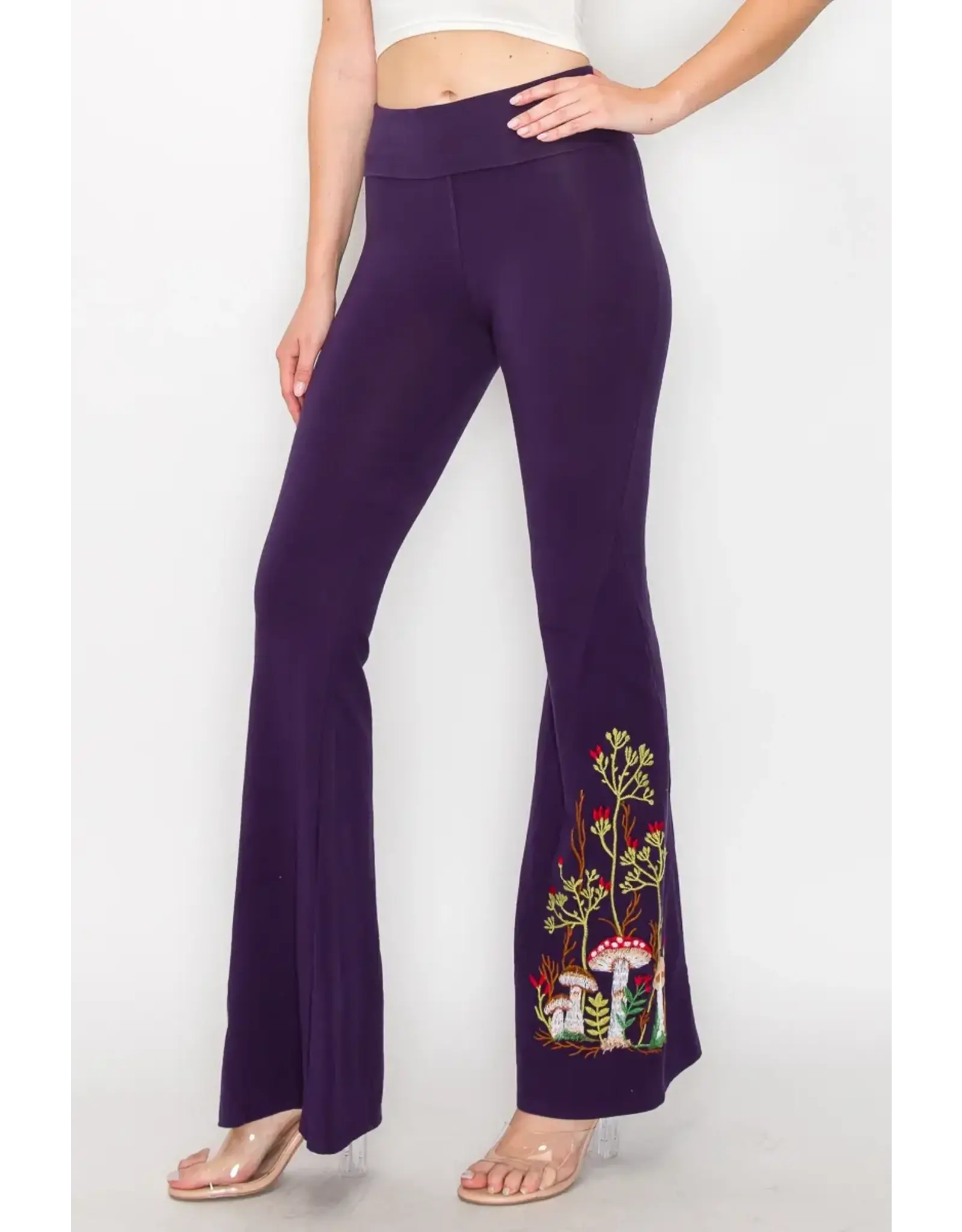 T Party Mushroom Embroidered Fold Over Waist Flare Pants