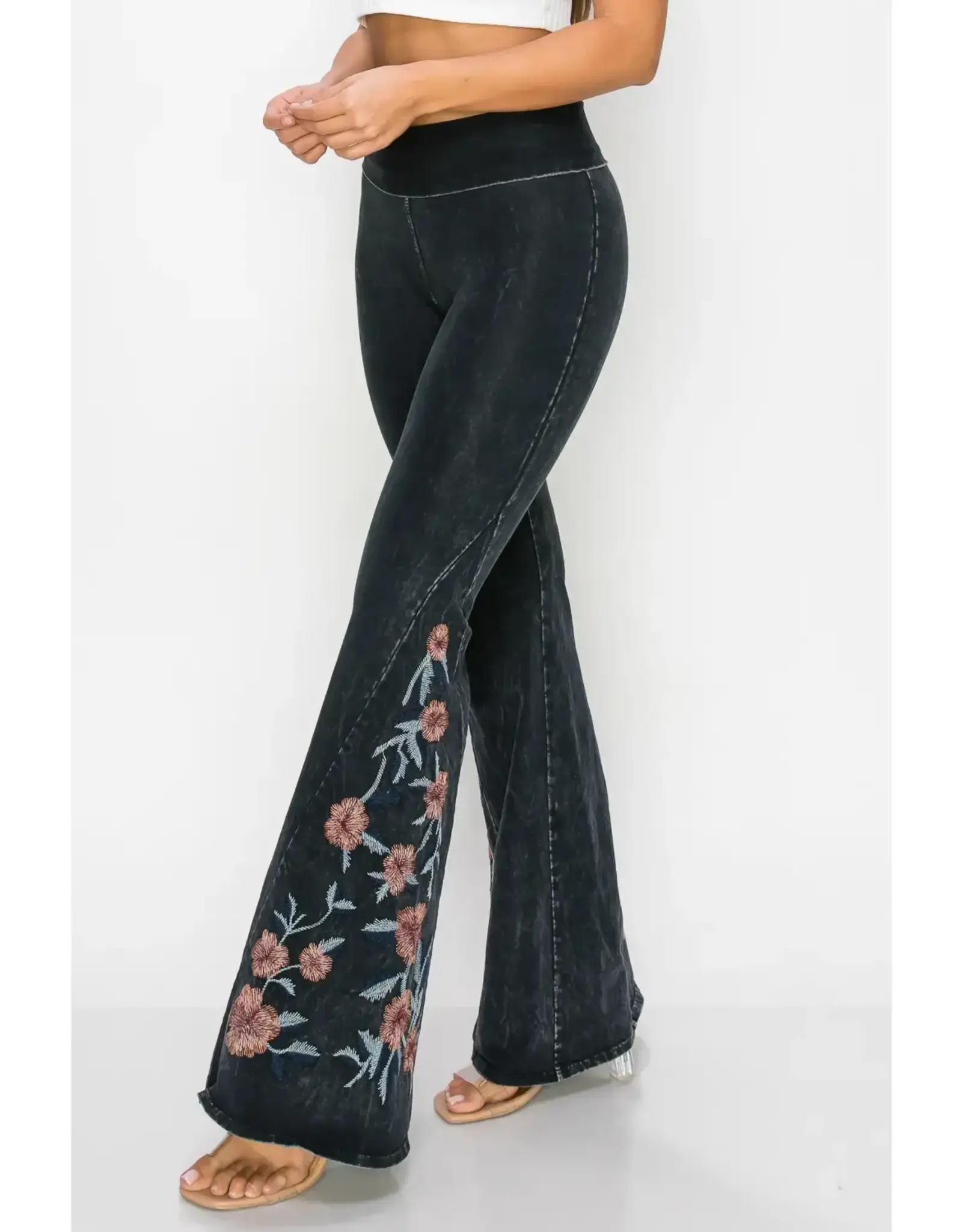 T Party Mineral Wash Floral Embroidered Flare Pants