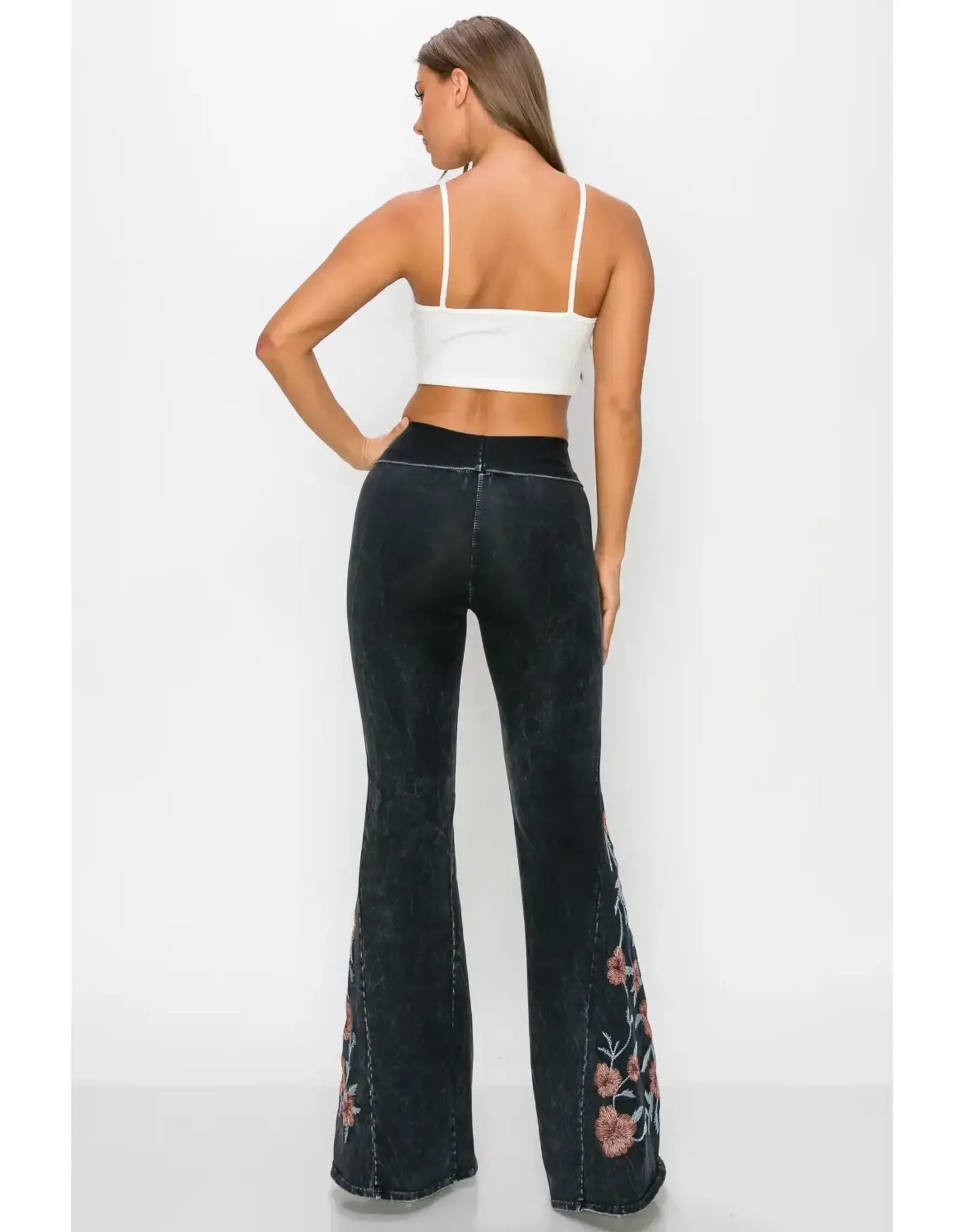 T Party Mineral Wash Floral Embroidered Flare Pants