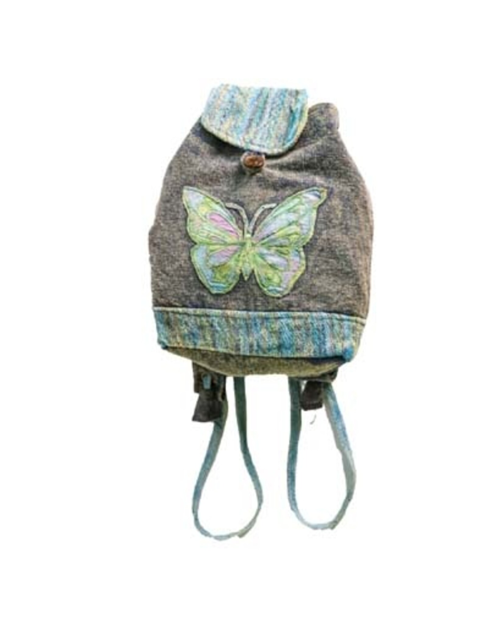 Earth Divas Blue Cotton Backpack with Embroidered Butterfly