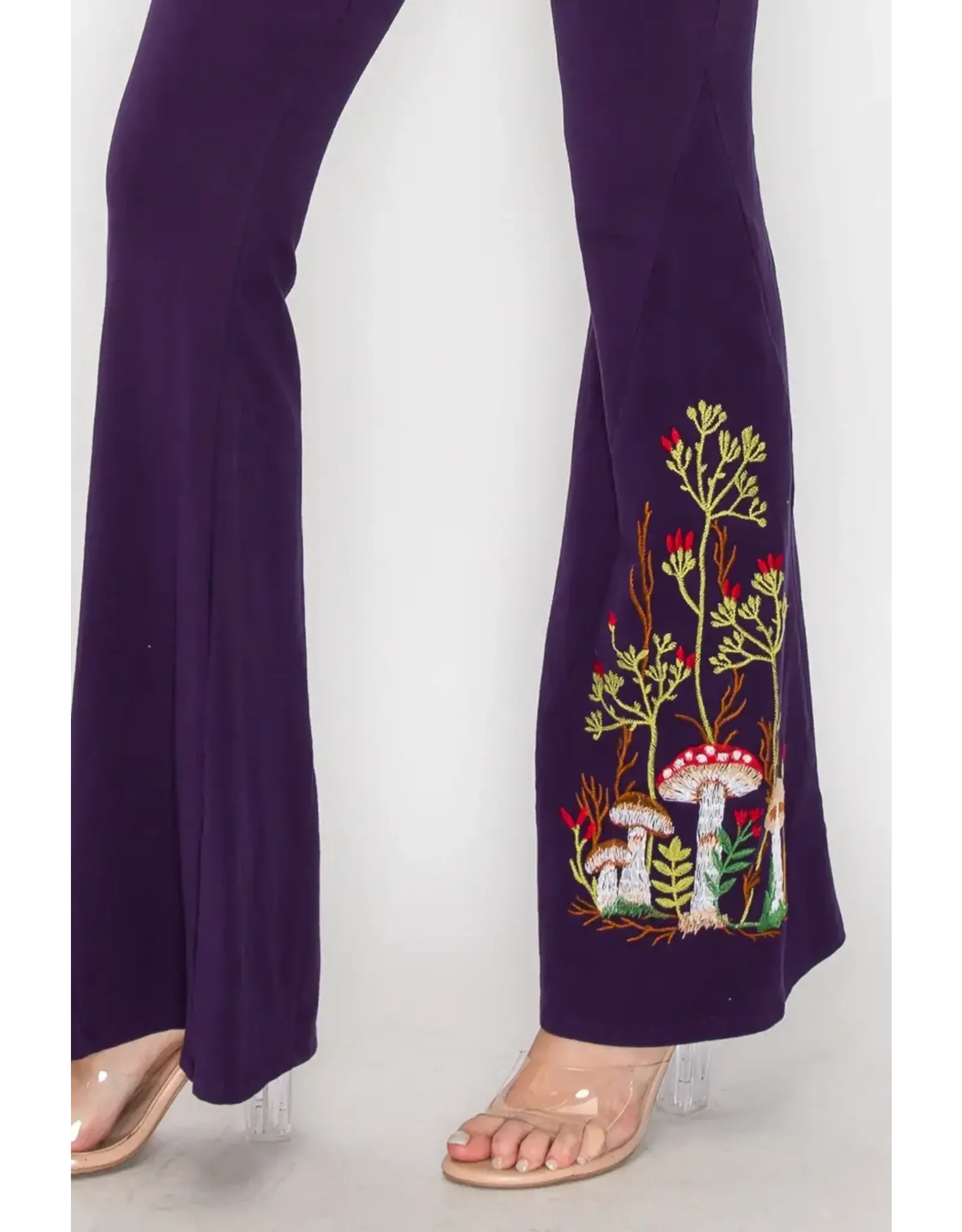 T Party Mushroom Embroidered Fold Over Waist Flare Pants