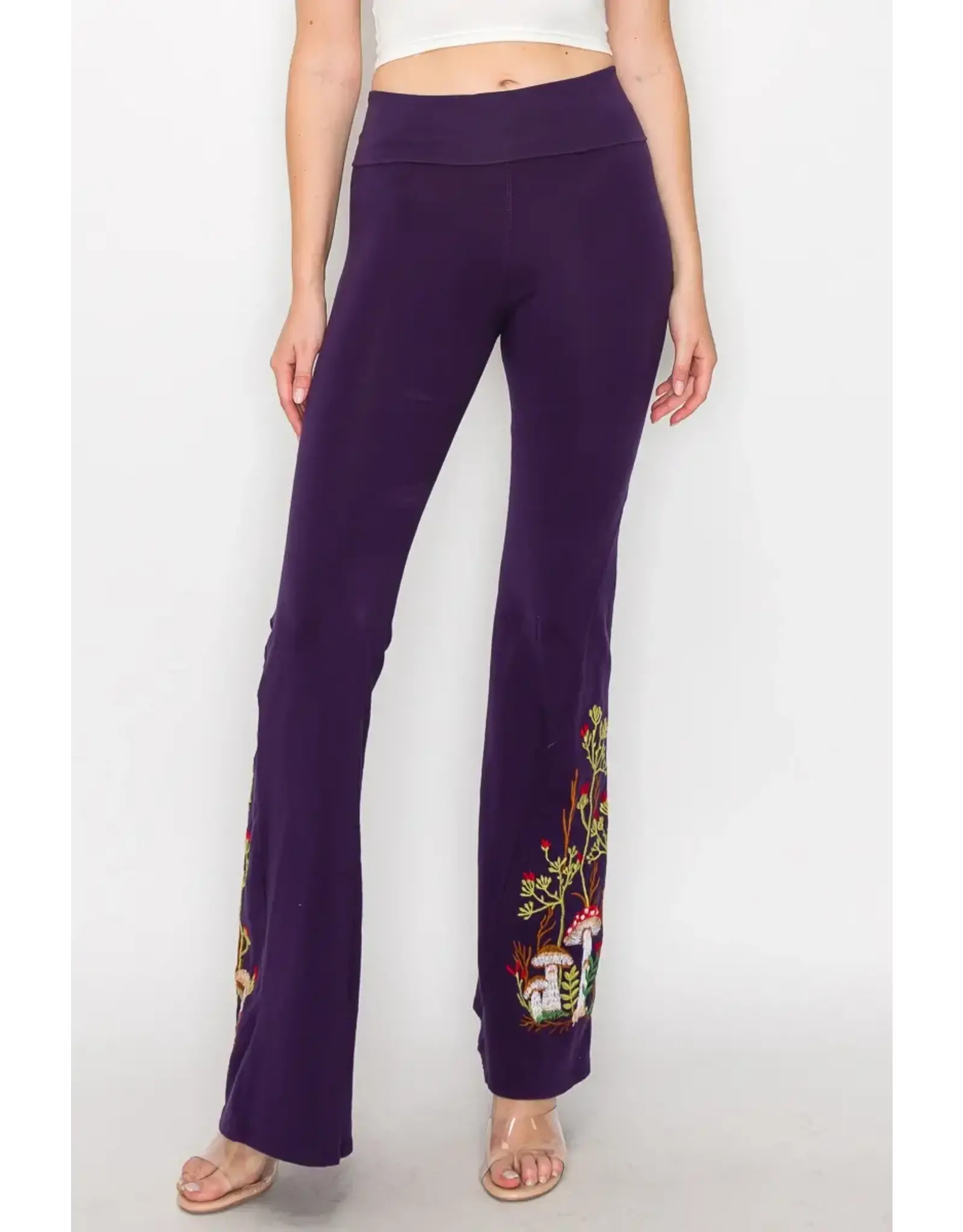 T Party Mushroom Embroidered Fold Over Waist Flare Pants