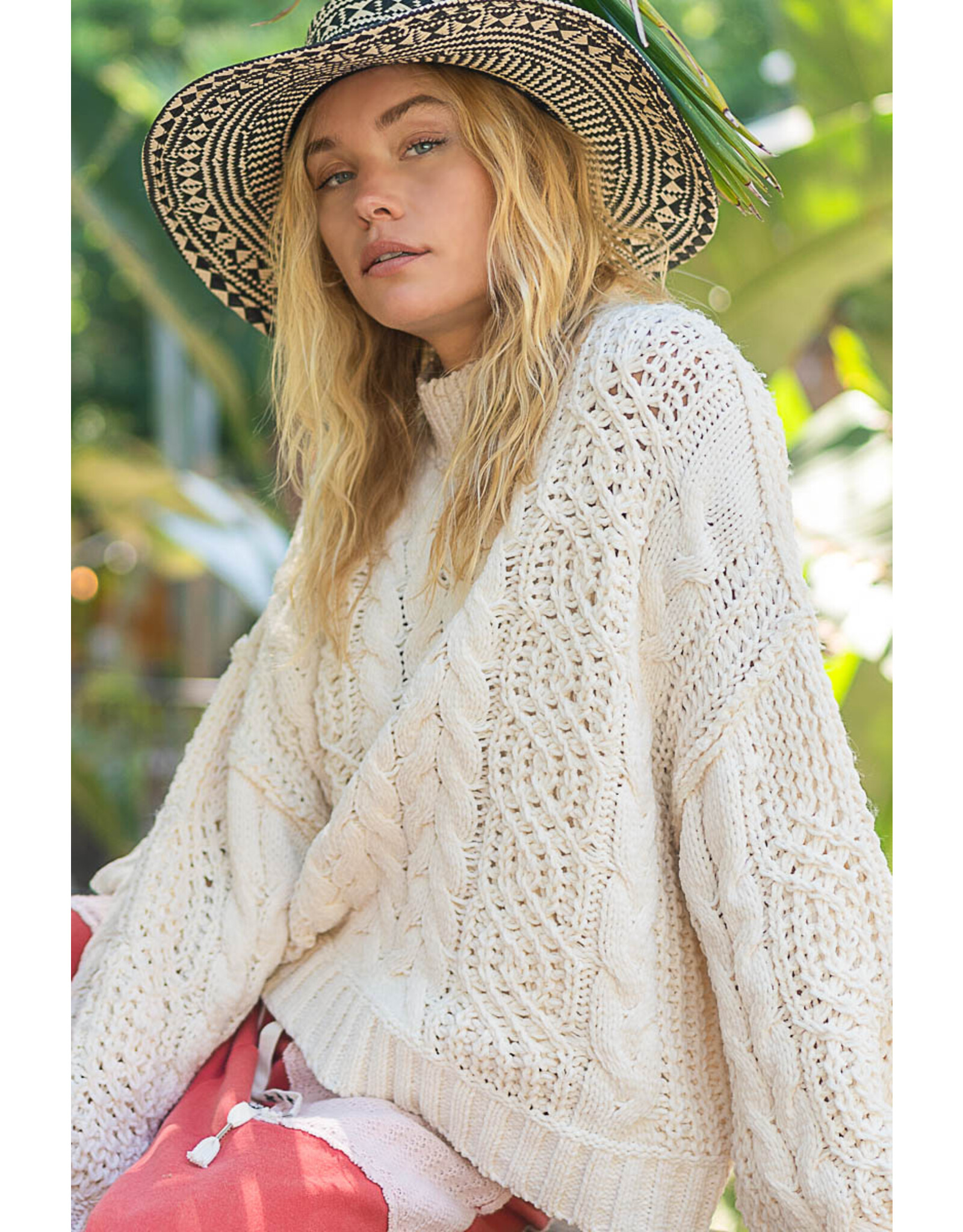 Pol Clothing Chenille Cable Knit Mock Collar Sweater