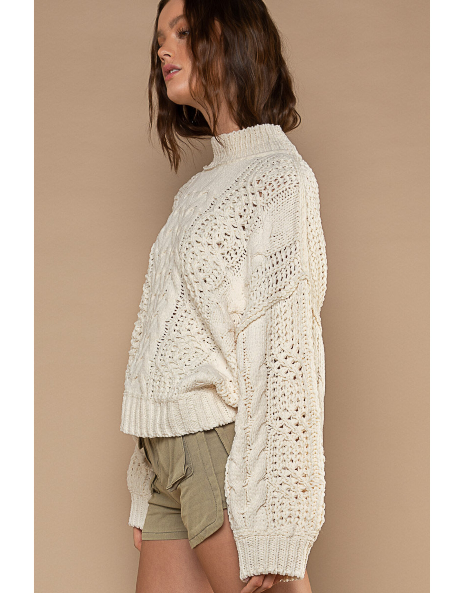 Pol Clothing Chenille Cable Knit Mock Collar Sweater