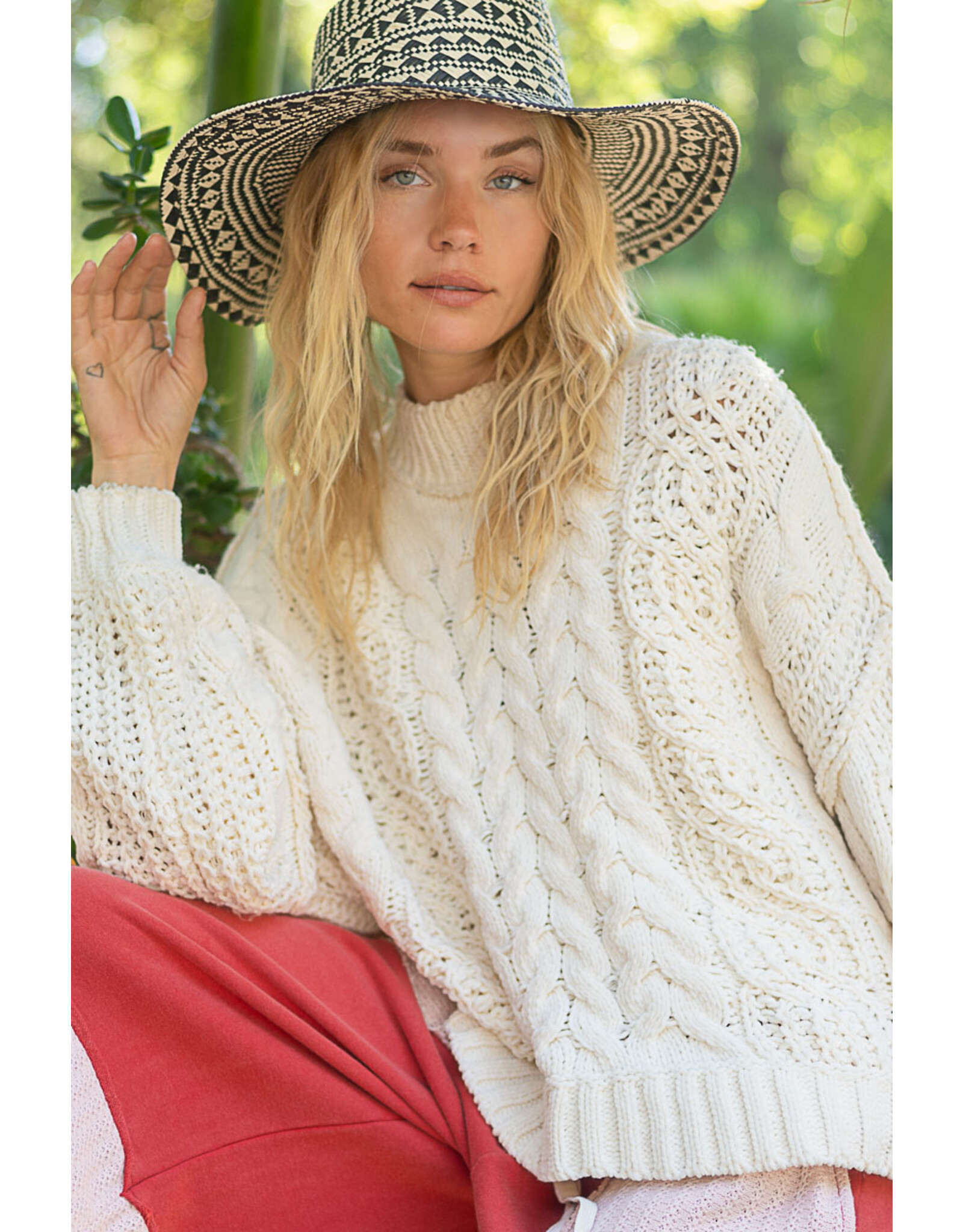 Pol Clothing Chenille Cable Knit Mock Collar Sweater