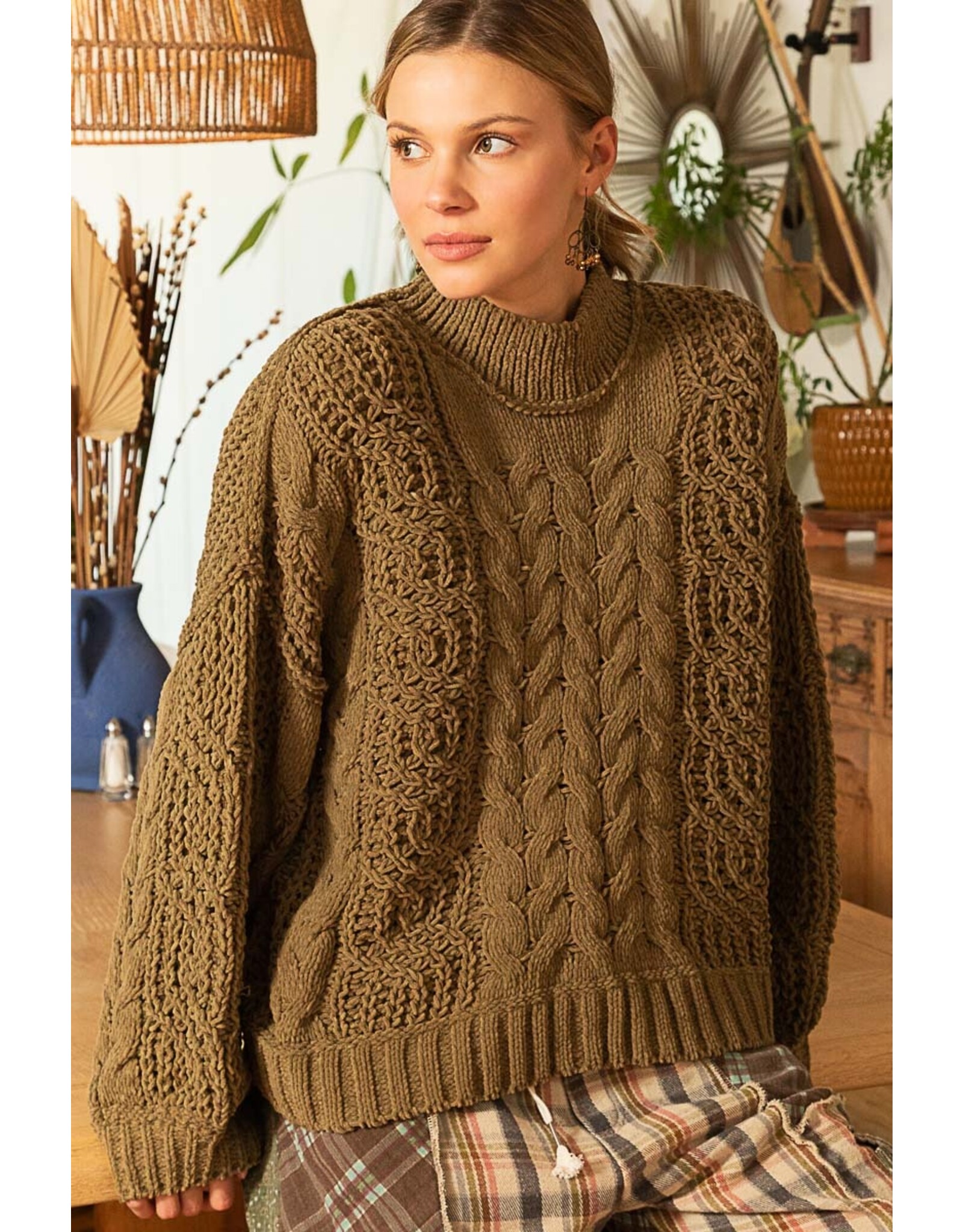 Pol Clothing Chenille Cable Knit Mock Collar Sweater