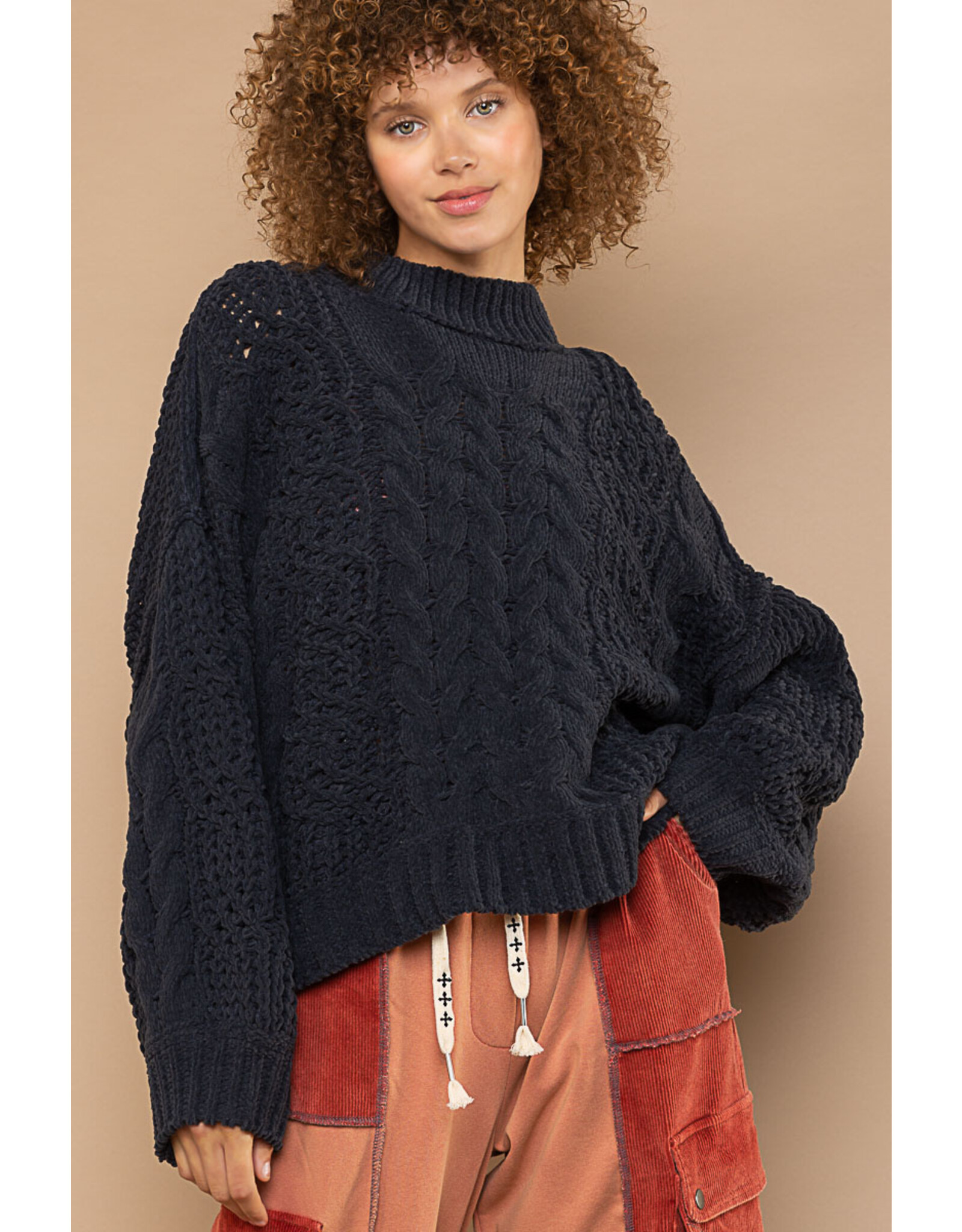 Pol Clothing Chenille Cable Knit Mock Collar Sweater
