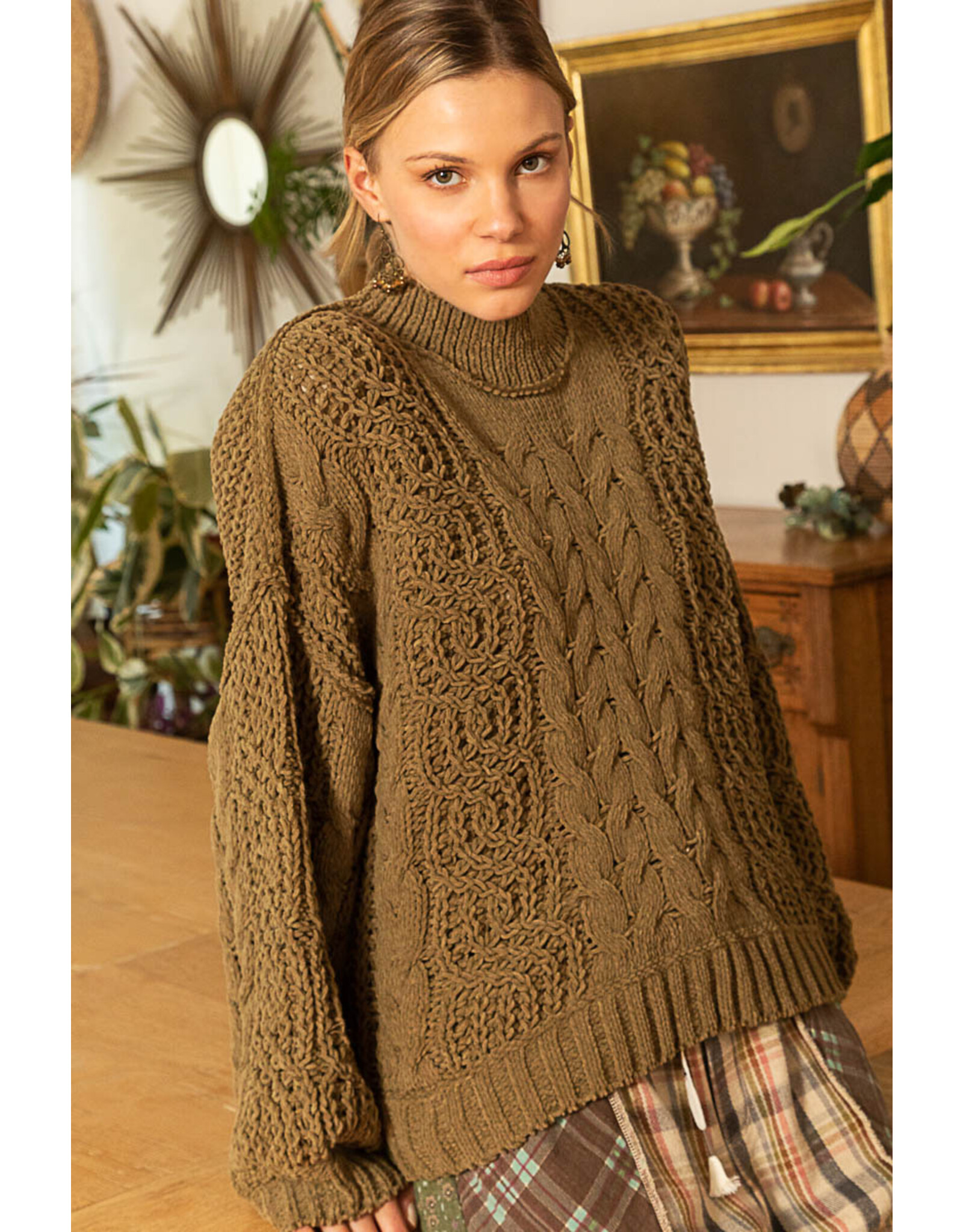 Pol Clothing Chenille Cable Knit Mock Collar Sweater