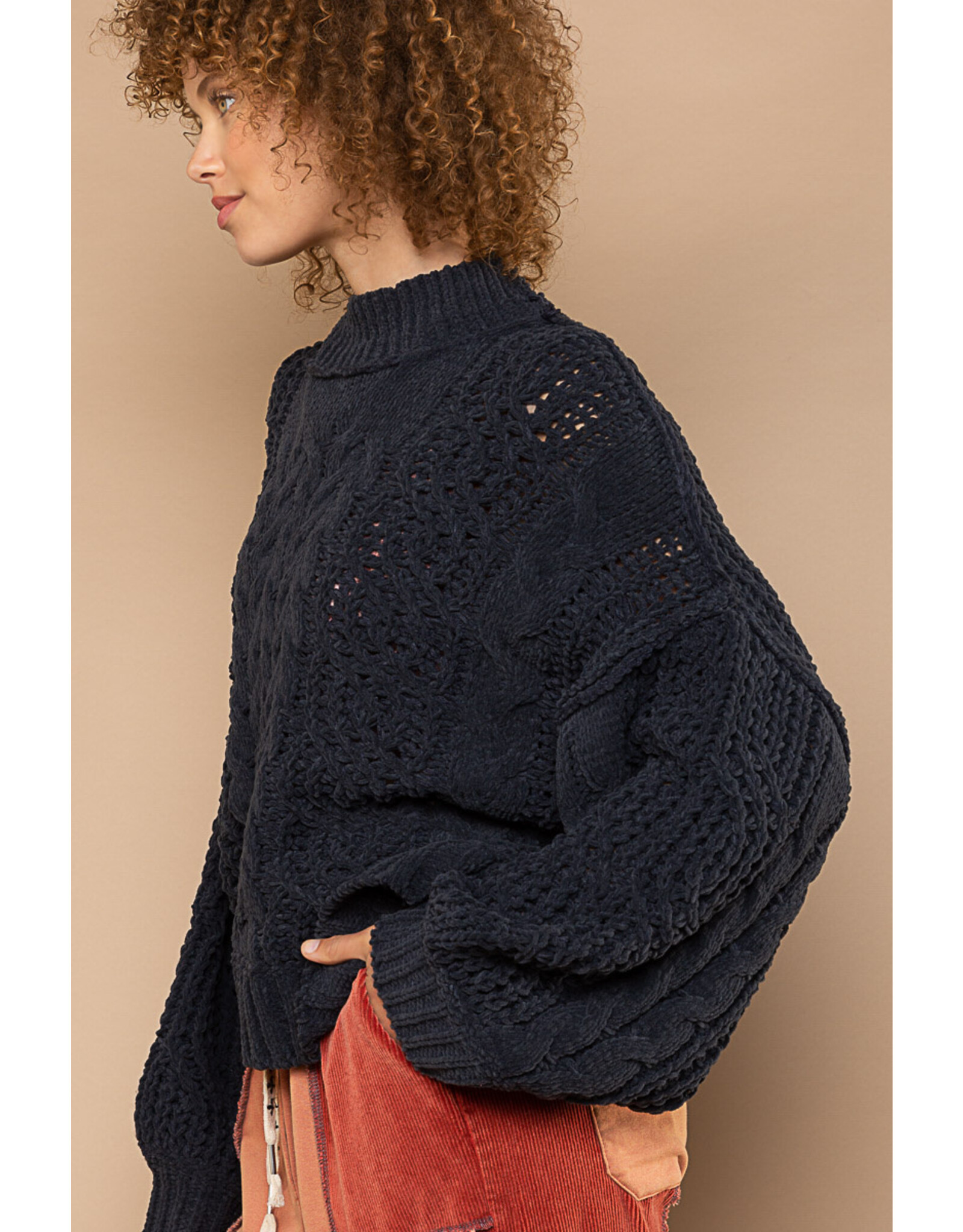 Pol Clothing Chenille Cable Knit Mock Collar Sweater