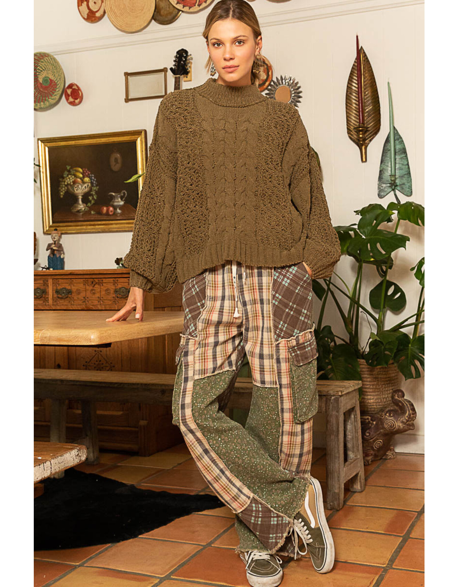 Pol Clothing Chenille Cable Knit Mock Collar Sweater