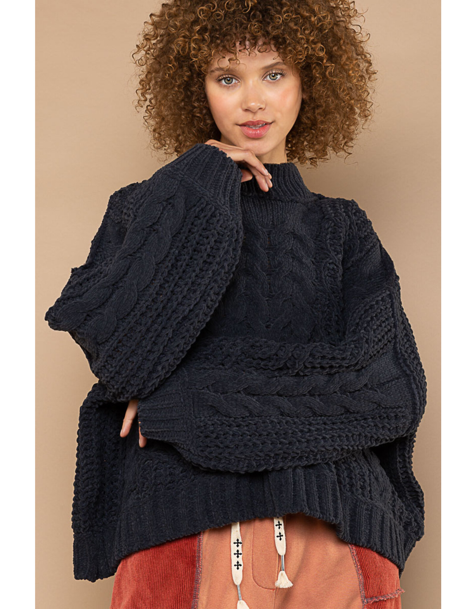 Pol Clothing Chenille Cable Knit Mock Collar Sweater