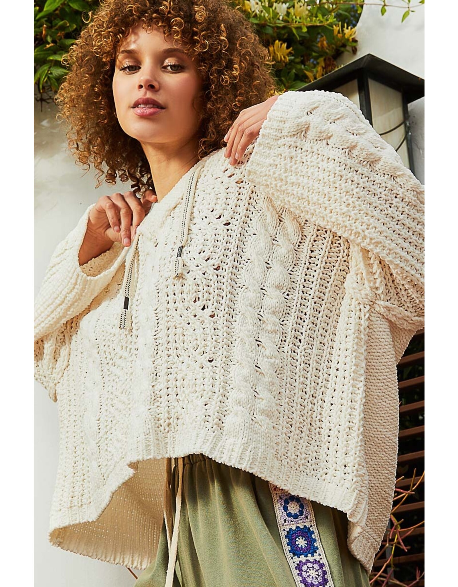 Pol Clothing Chenille V-Neck Pullover Hoodie Sweater