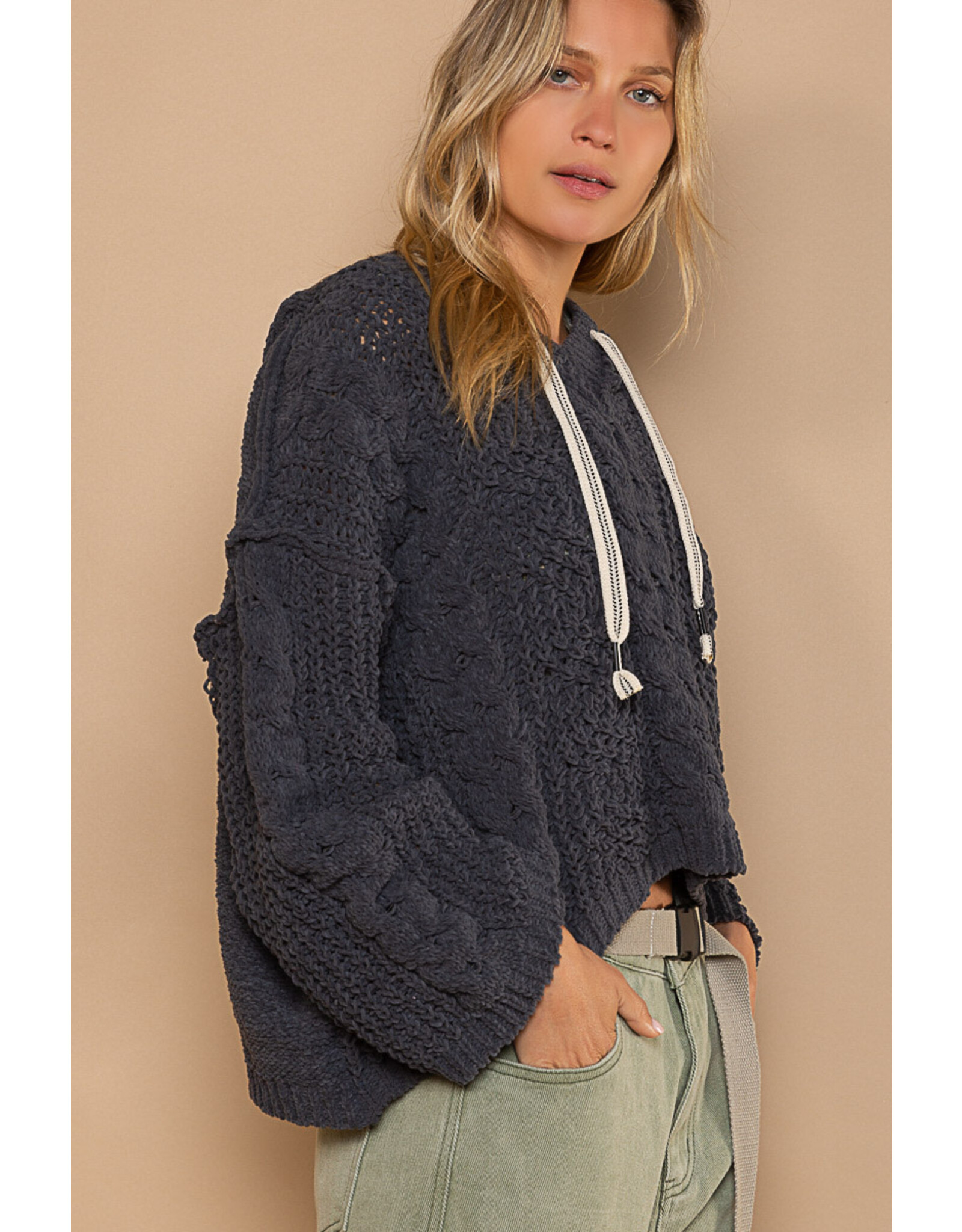 Pol Clothing Chenille V-Neck Pullover Hoodie Sweater