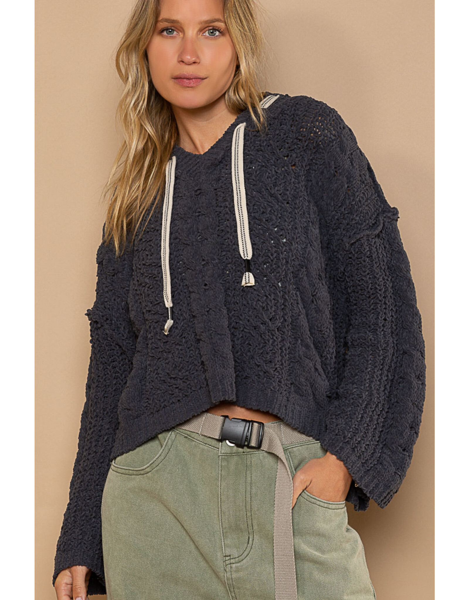 Pol Clothing Chenille V-Neck Pullover Hoodie Sweater