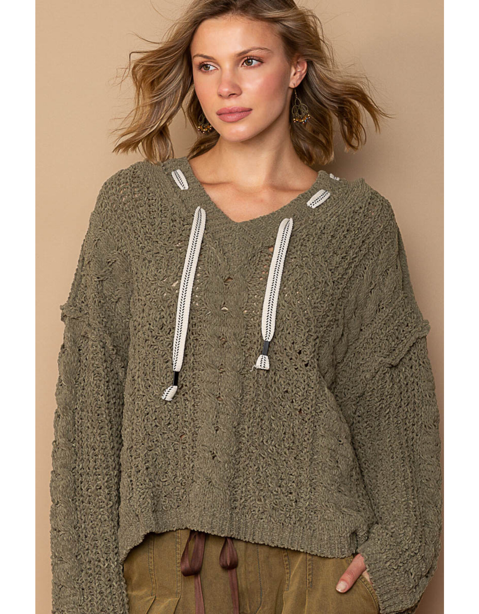Pol Clothing Chenille V-Neck Pullover Hoodie Sweater