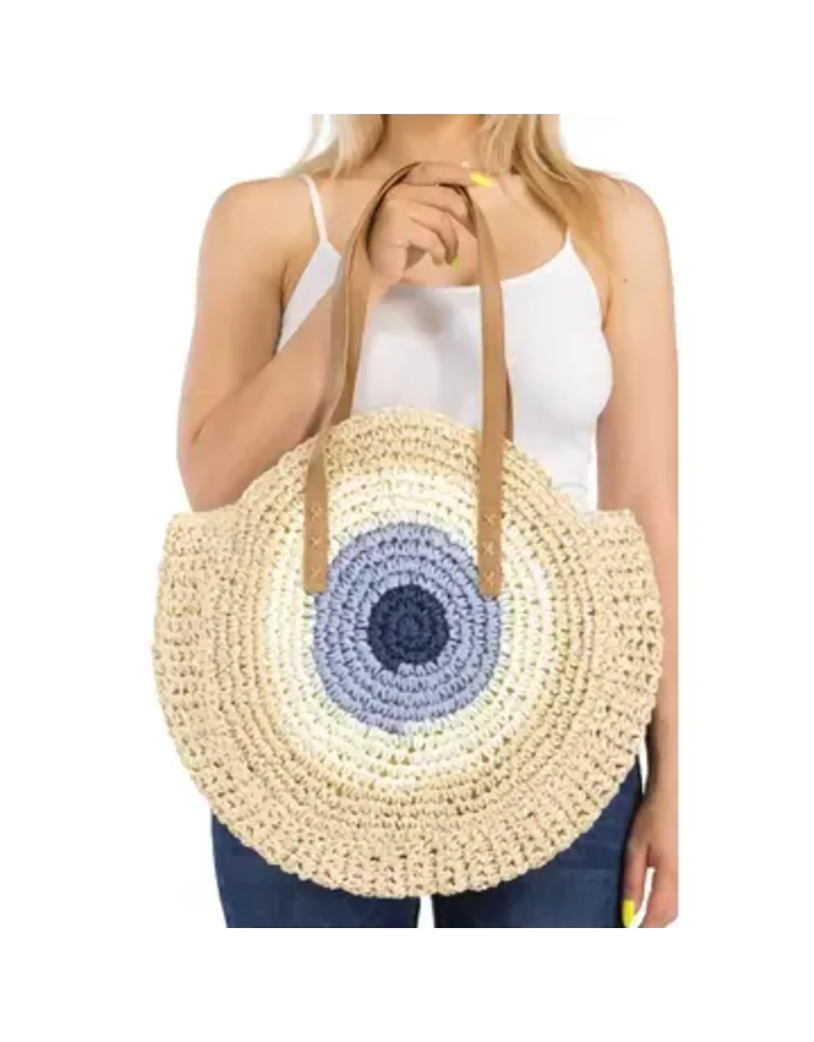 Cap Zone Boho Evil Eye Rattan Round Beach Tote