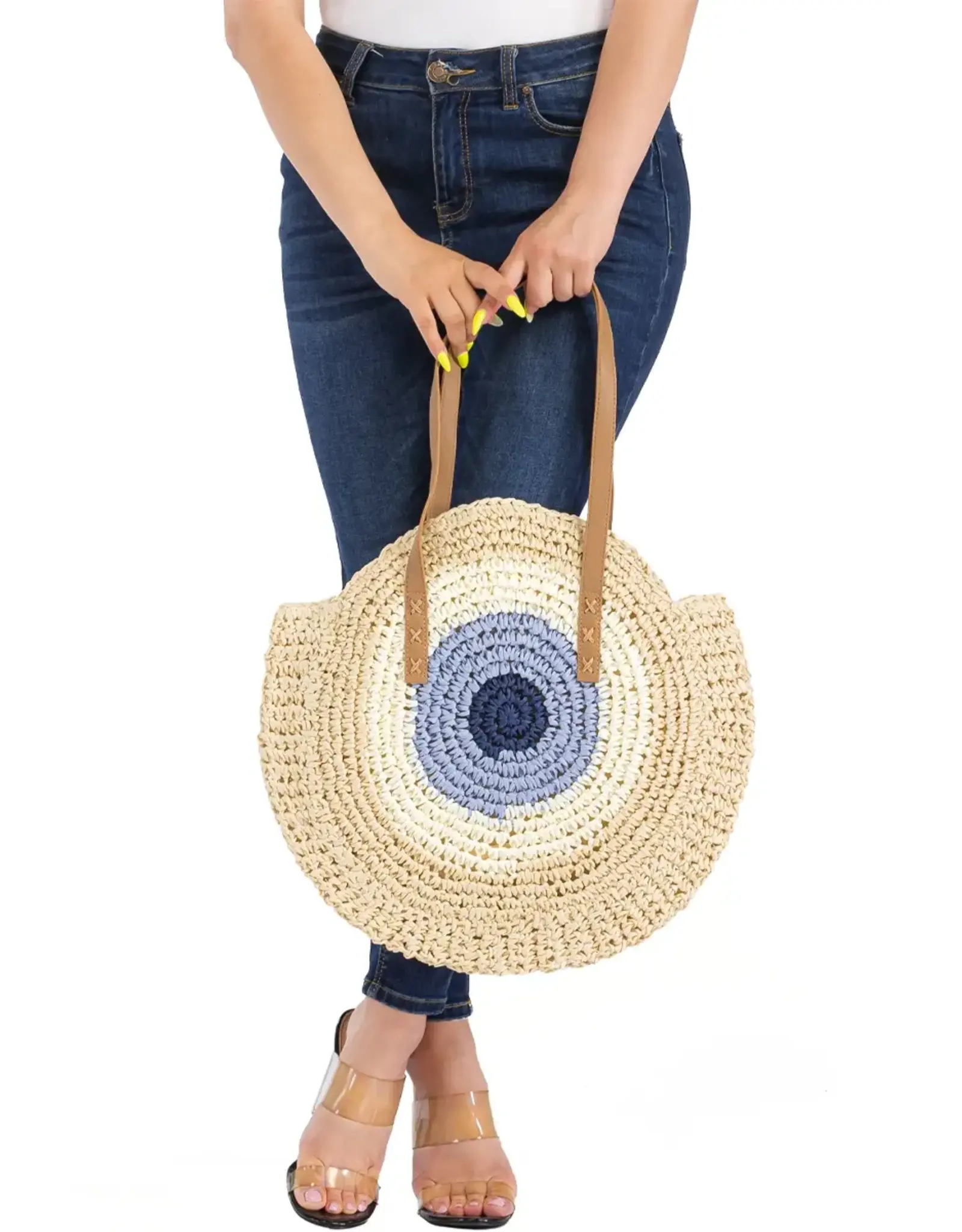 Cap Zone Boho Evil Eye Rattan Round Beach Tote