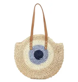 Cap Zone Boho Evil Eye Rattan Round Beach Tote