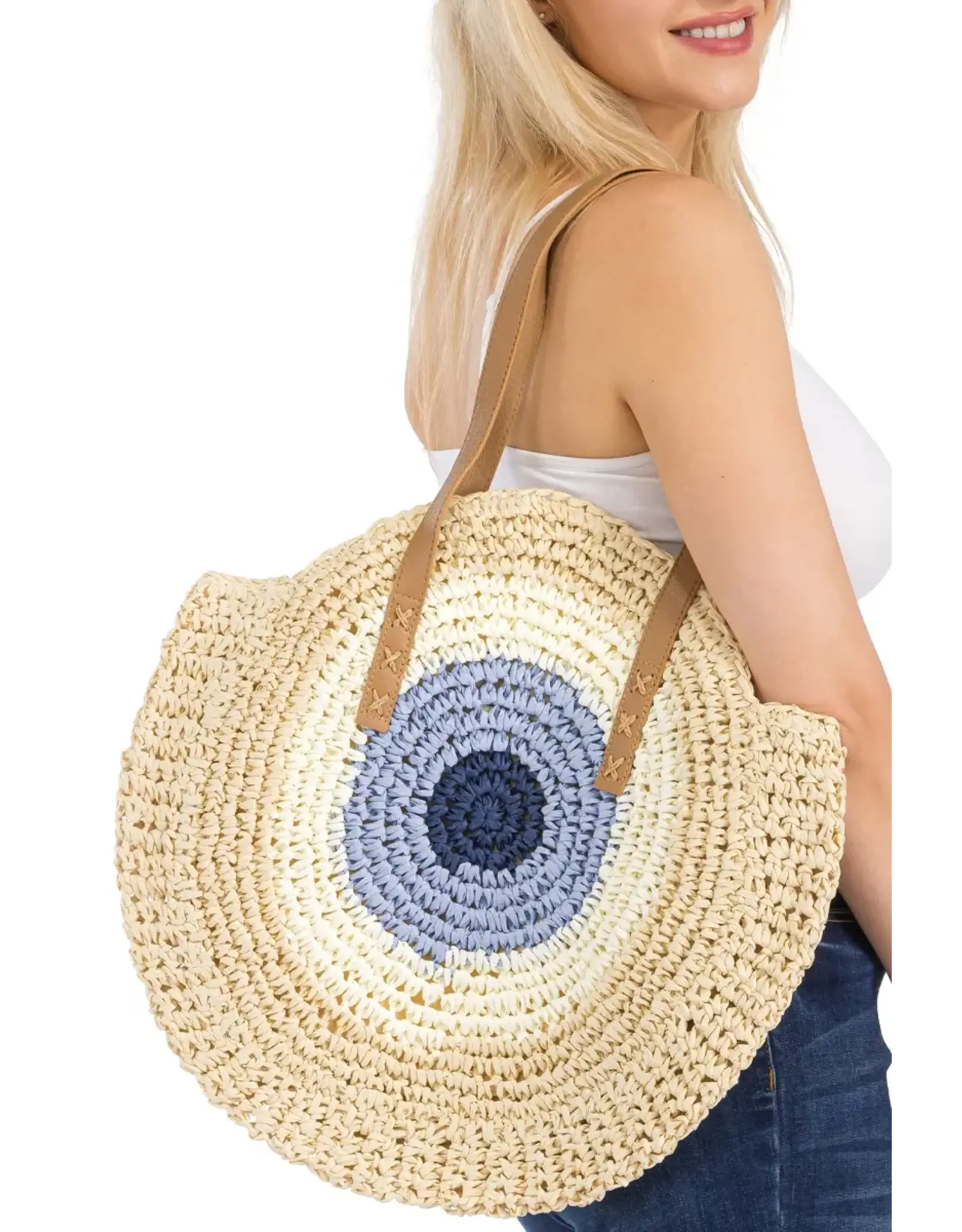 Cap Zone Boho Evil Eye Rattan Round Beach Tote