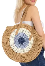 Cap Zone Boho Evil Eye Rattan Round Beach Tote