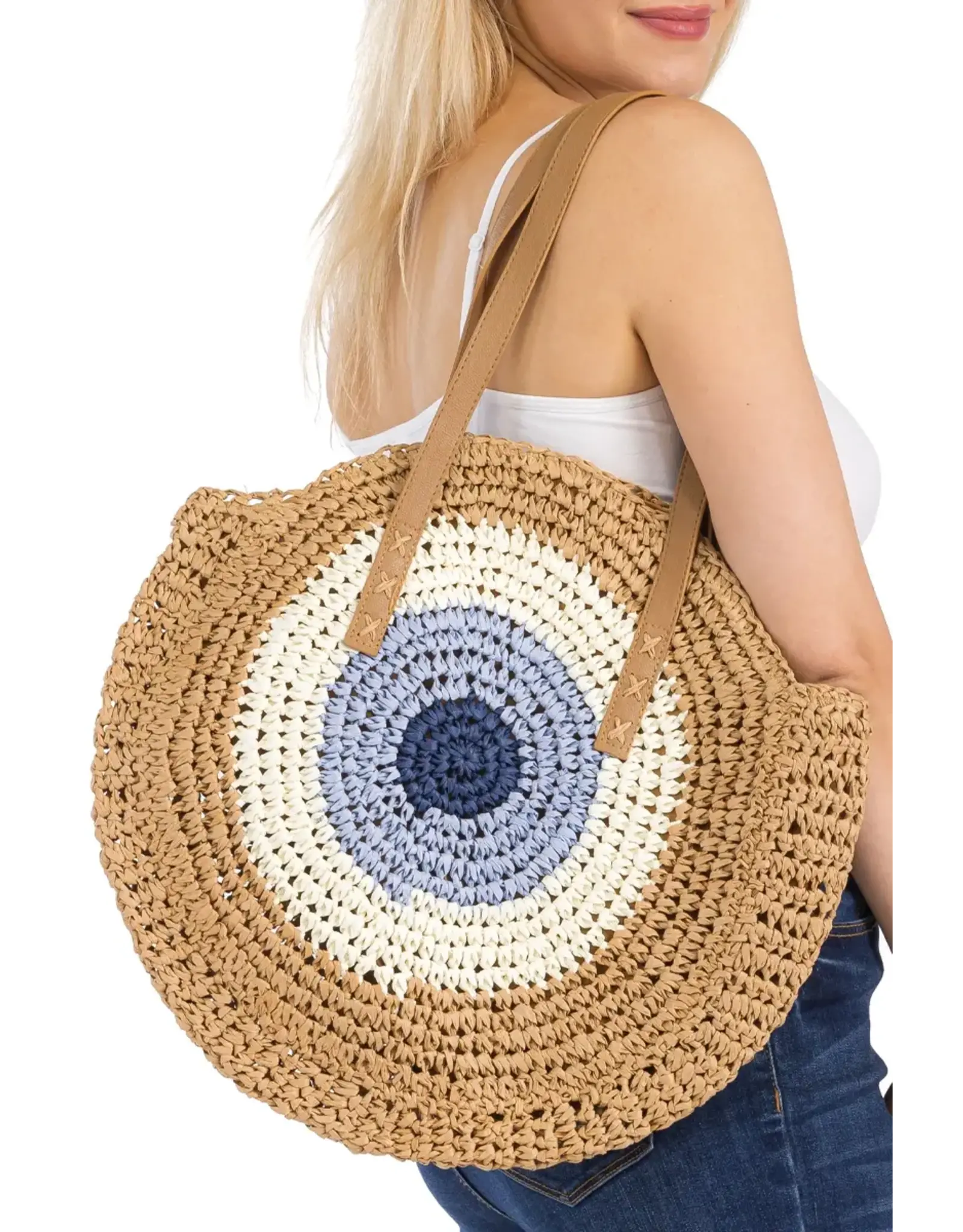 Cap Zone Boho Evil Eye Rattan Round Beach Tote