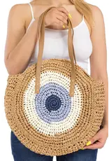 Cap Zone Boho Evil Eye Rattan Round Beach Tote