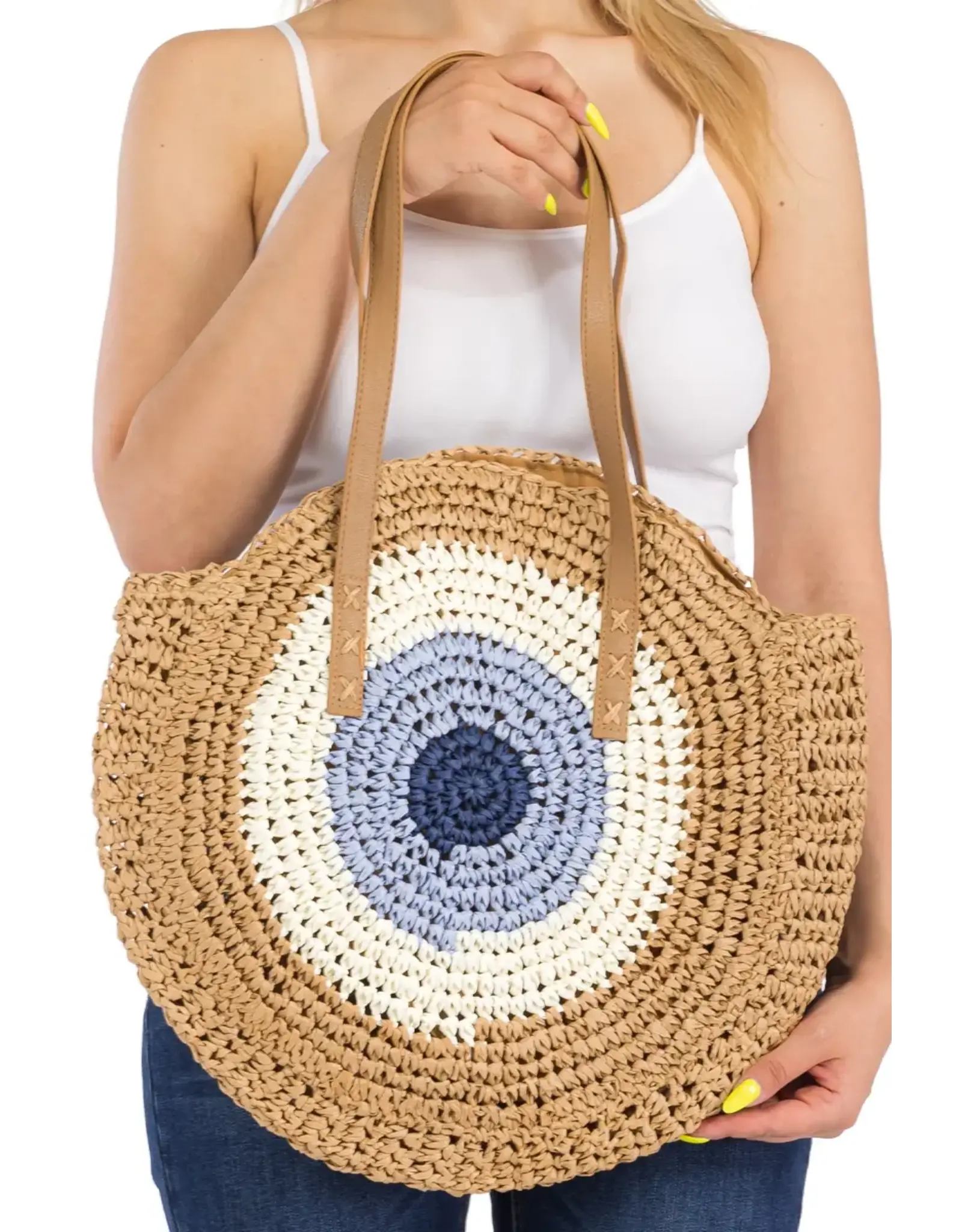 Cap Zone Boho Evil Eye Rattan Round Beach Tote