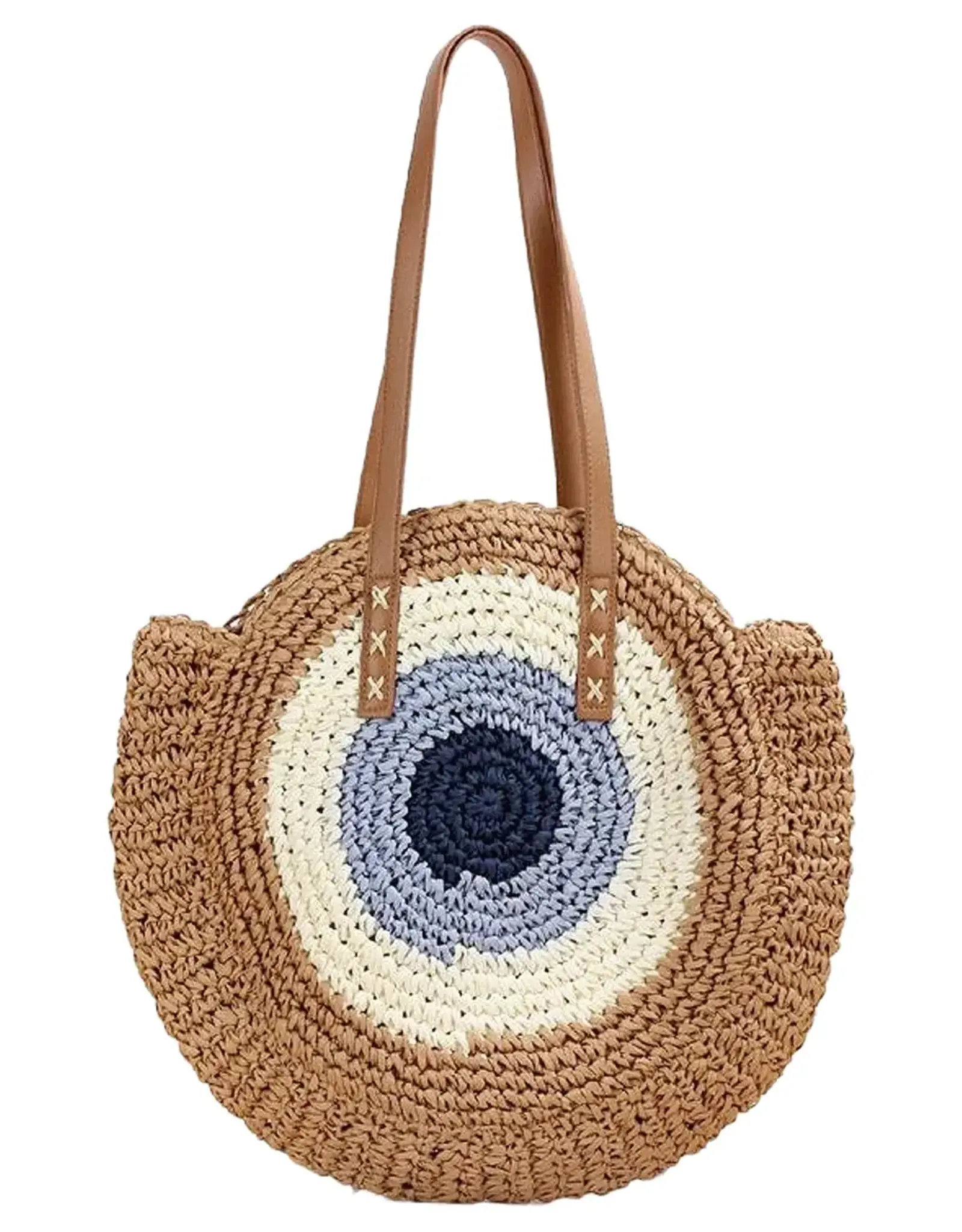 Cap Zone Boho Evil Eye Rattan Round Beach Tote