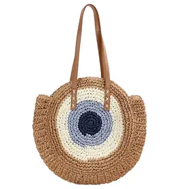 Cap Zone Boho Evil Eye Rattan Round Beach Tote