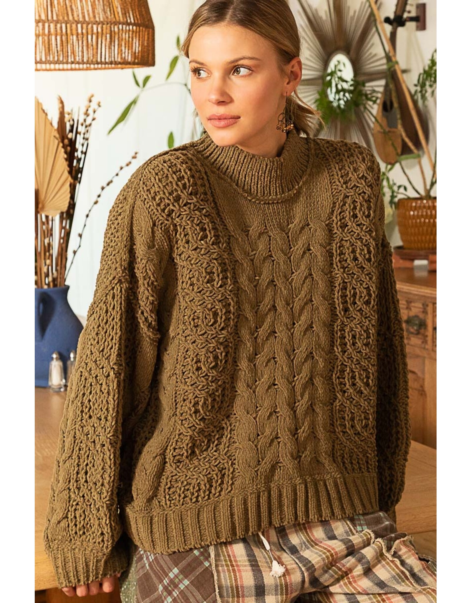 Pol Clothing Chenille Cable Knit Mock Collar Sweater
