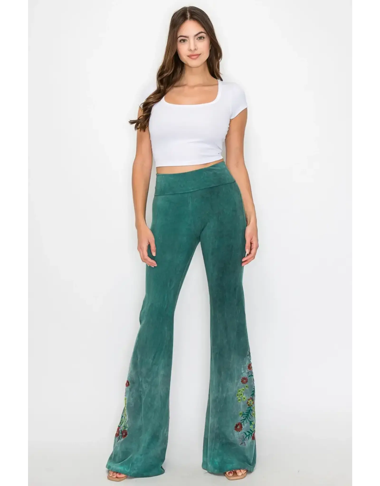T Party Floral Embroidered Oiled Flare Pants