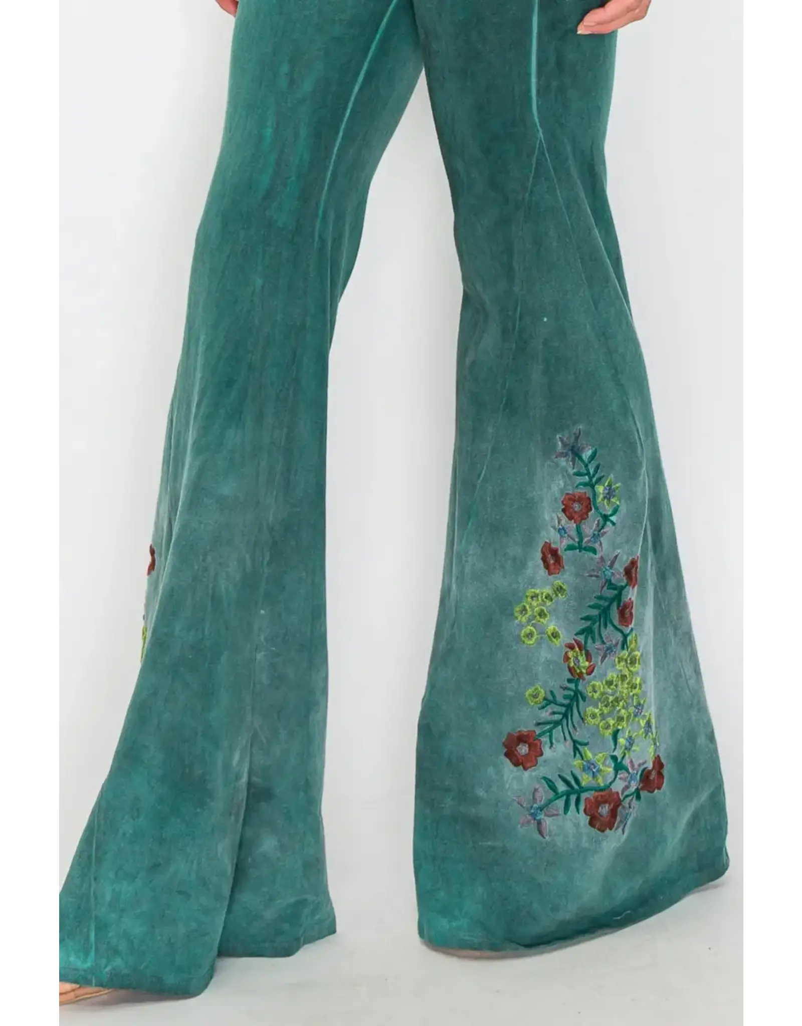 T Party Floral Embroidered Oiled Flare Pants