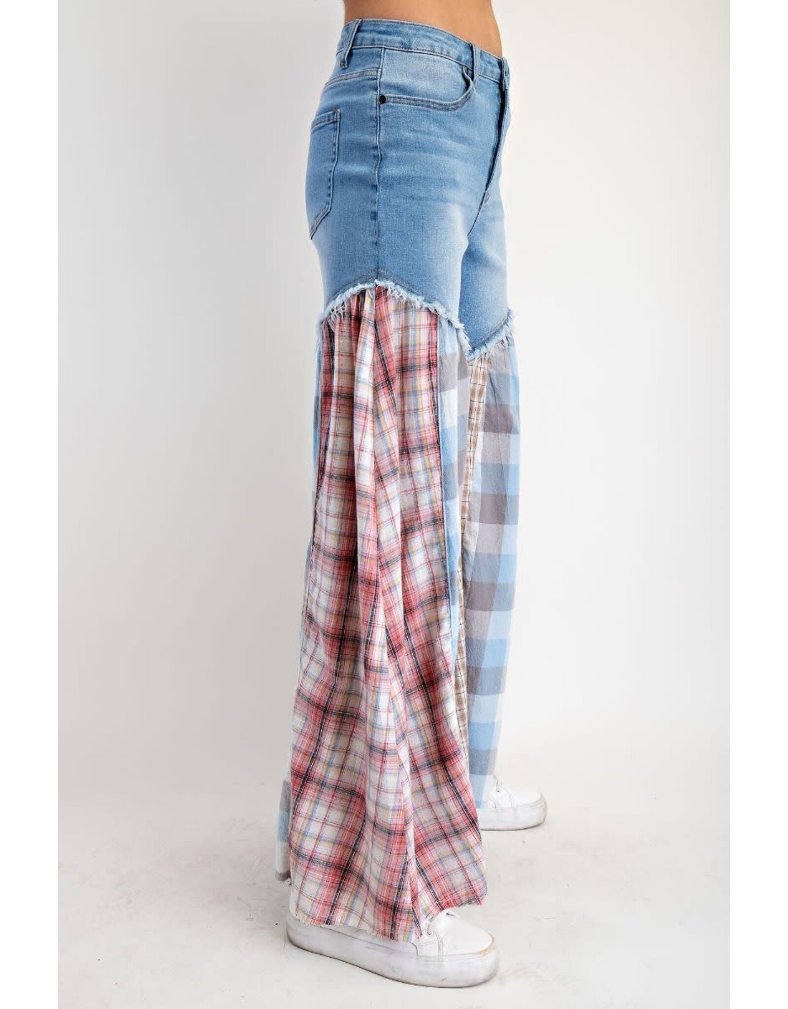 Easel Plaid Mix Washed Denim Pants
