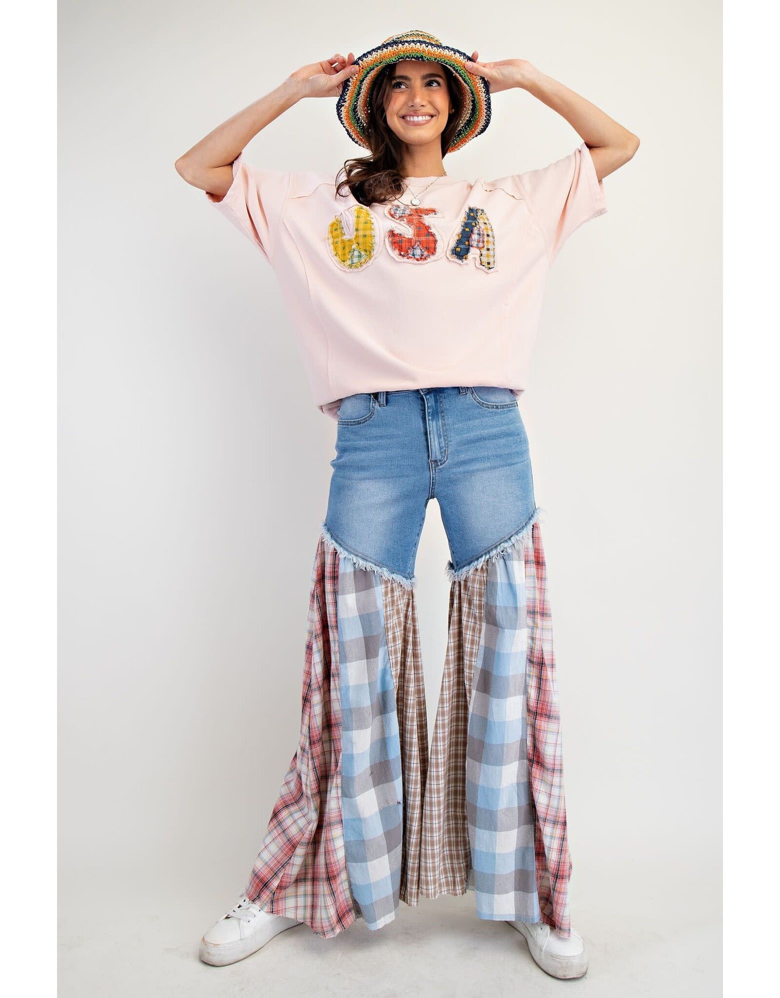 Easel Plaid Mix Washed Denim Pants